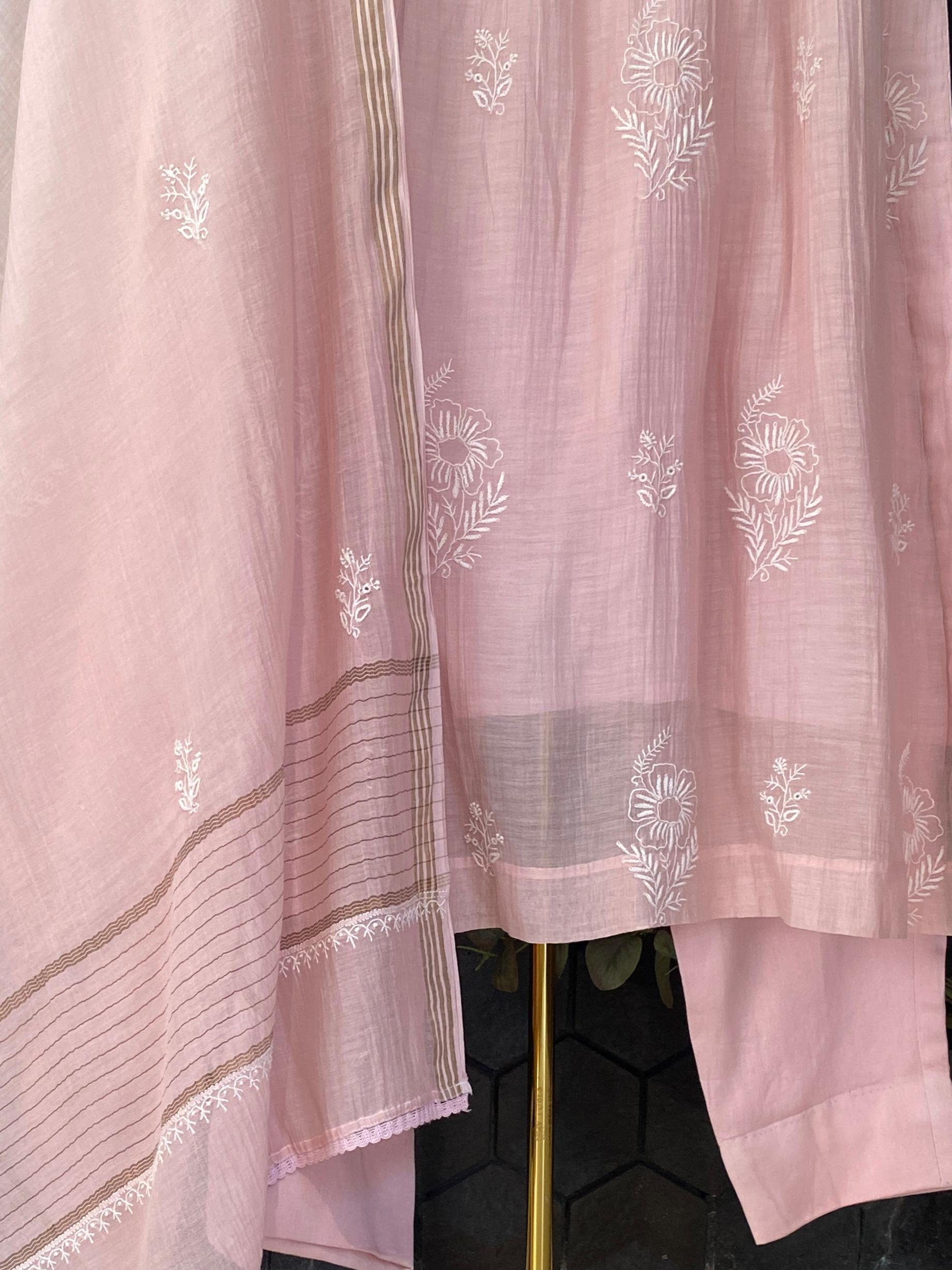 Pink mul chanderi chikankari kurta set