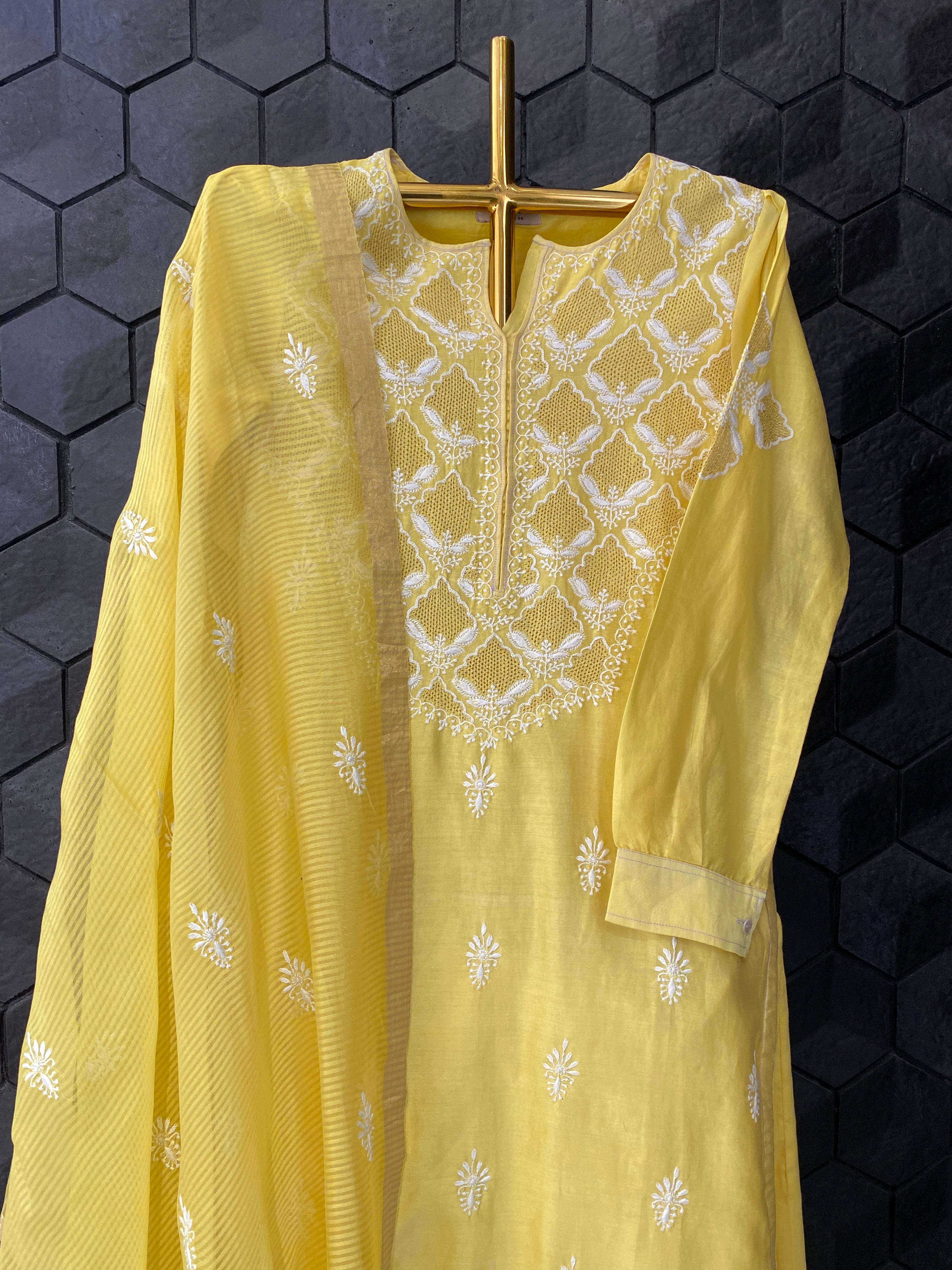 Yellow chanderi chikankari kurta set