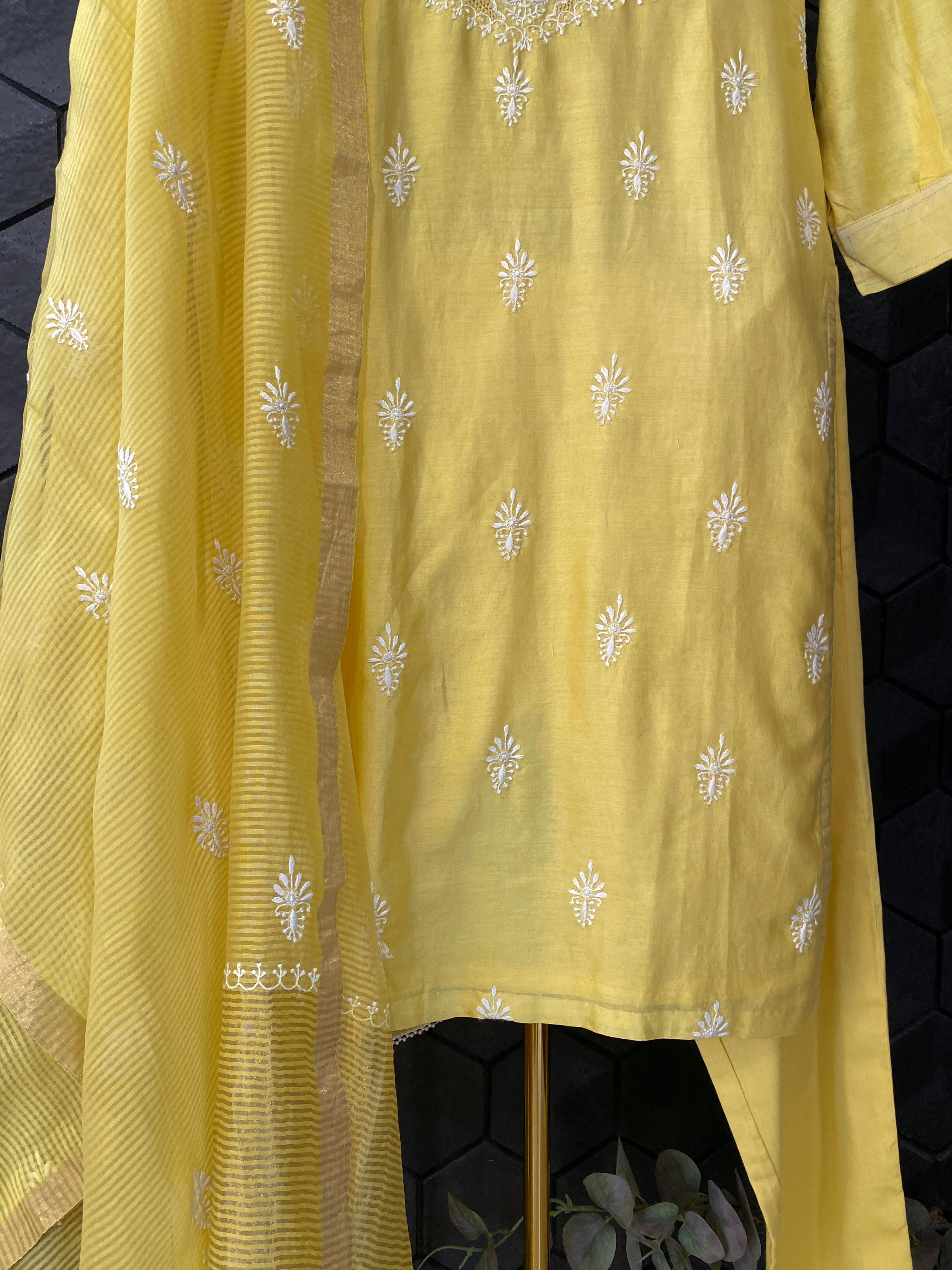 Yellow chanderi chikankari kurta set
