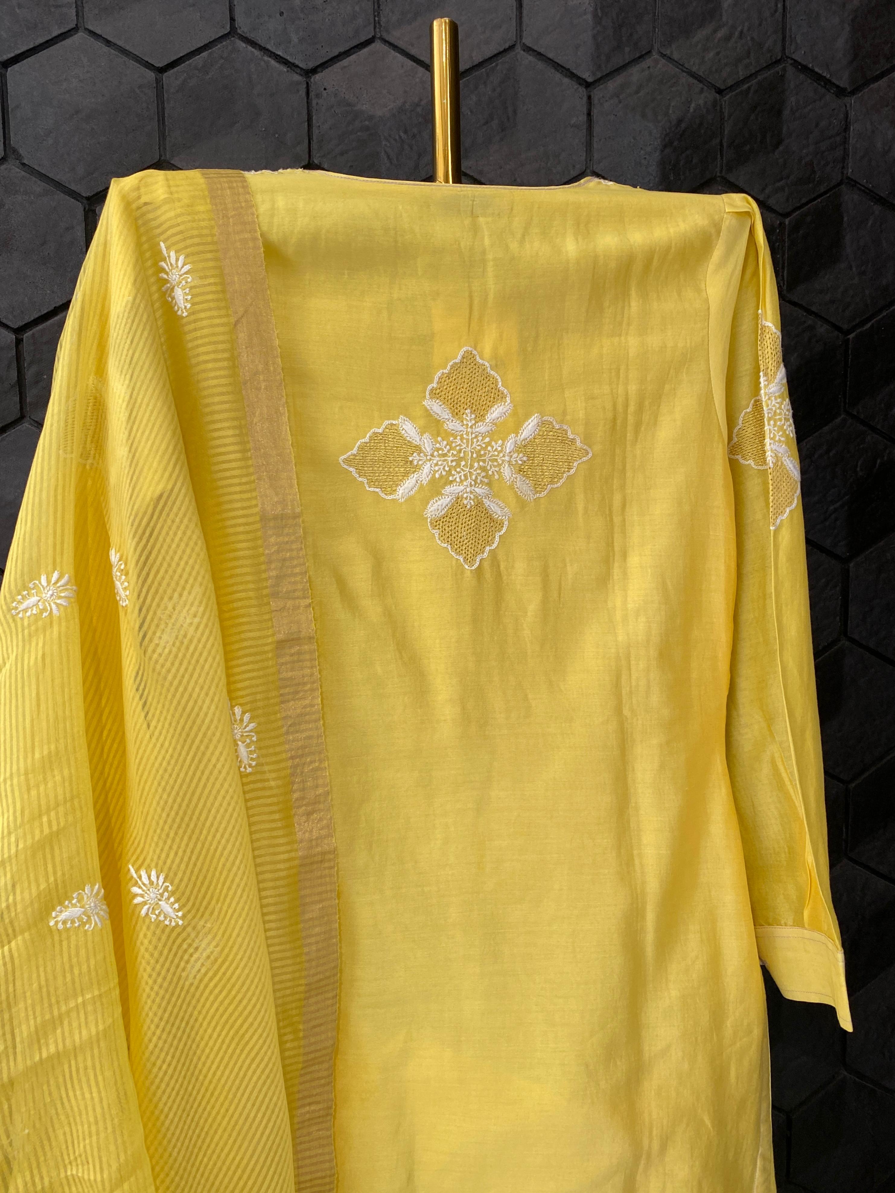 Yellow chanderi chikankari kurta set