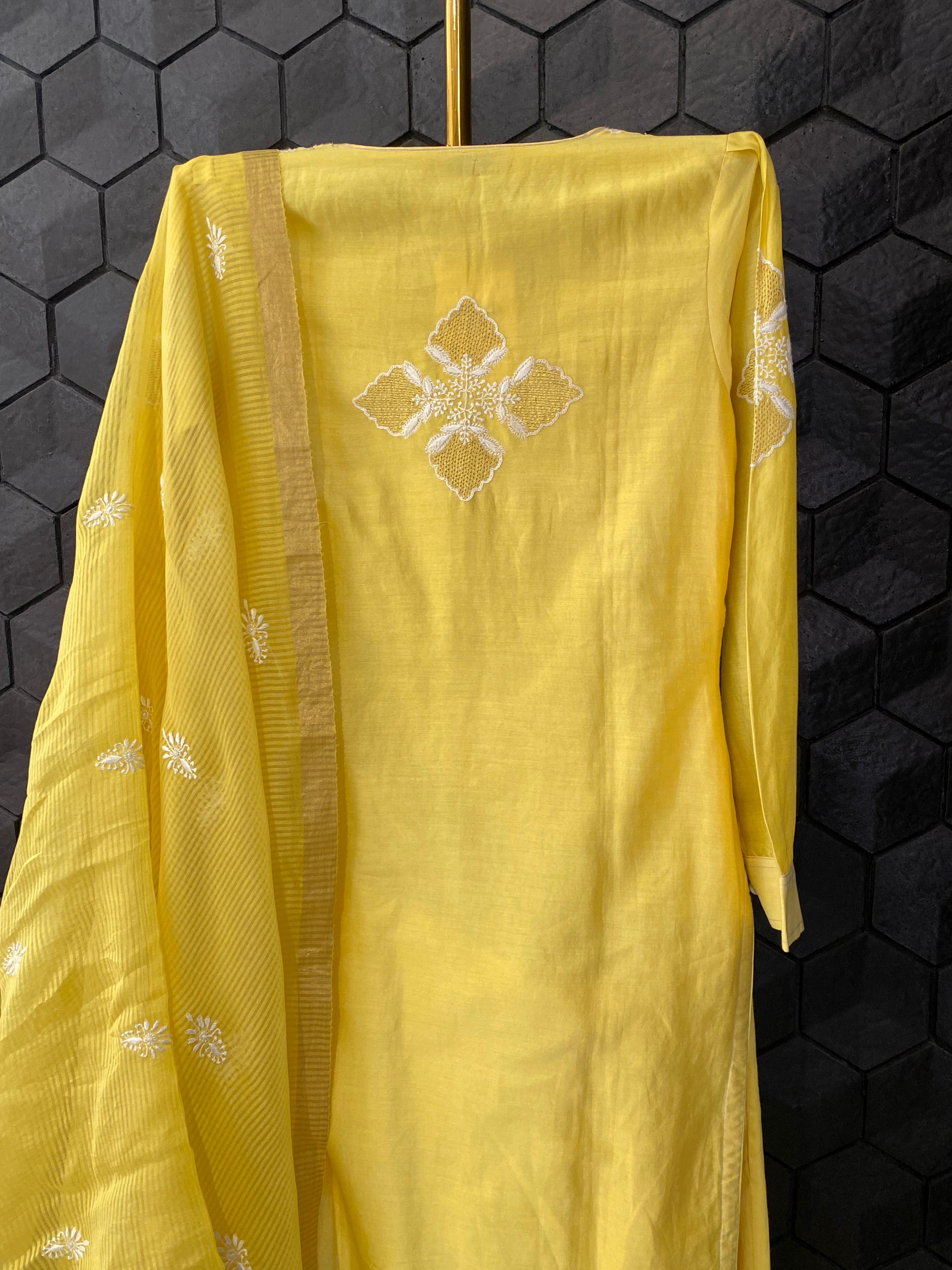 Yellow chanderi chikankari kurta set