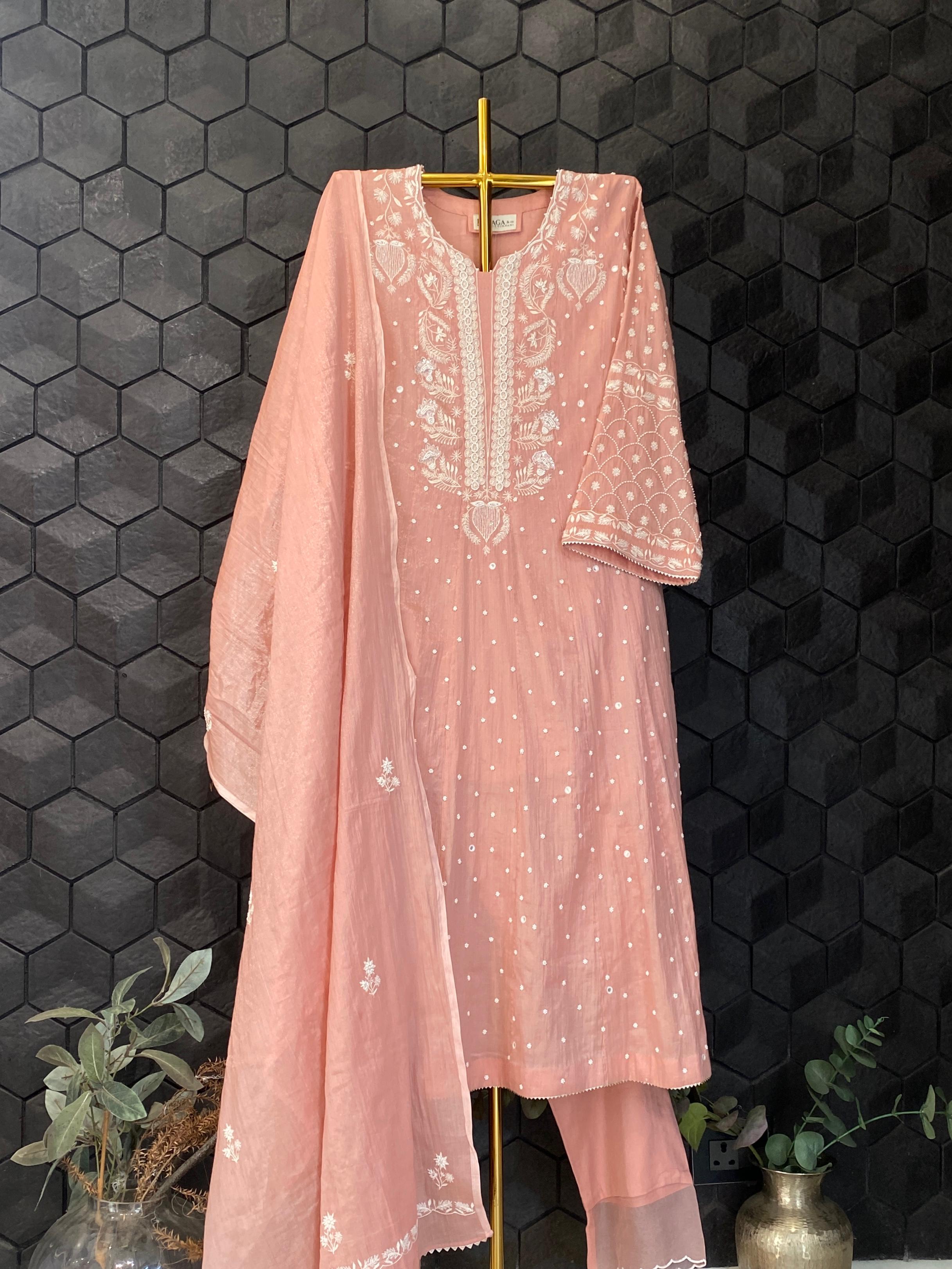 Peach Silver tissue chikankari Anarkali set