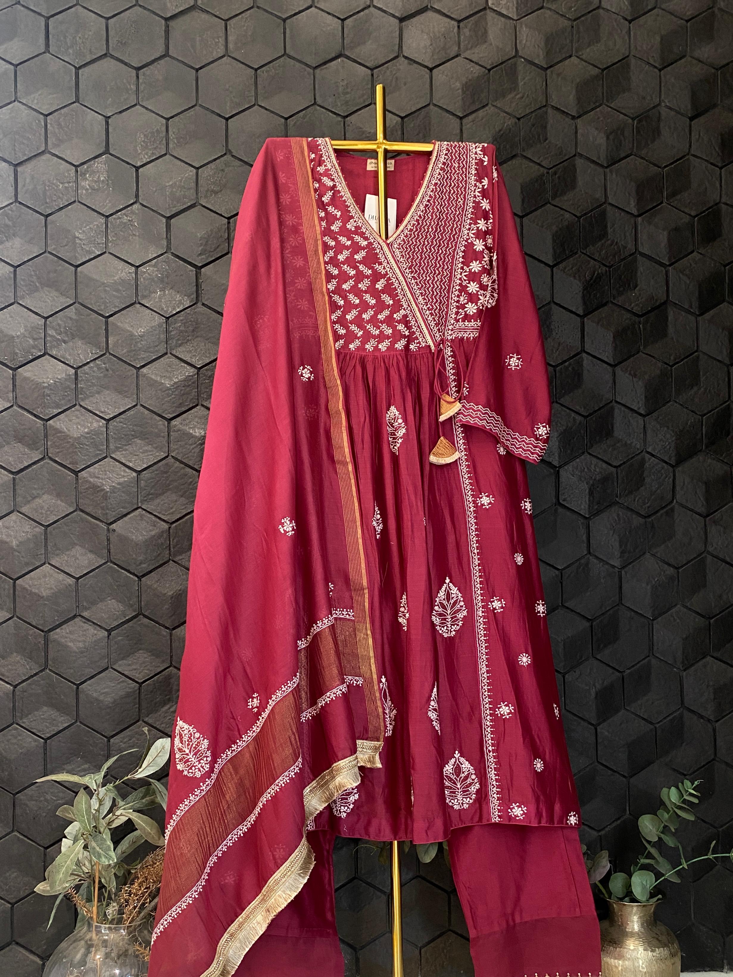 Plum chanderi chikankari angrakha set