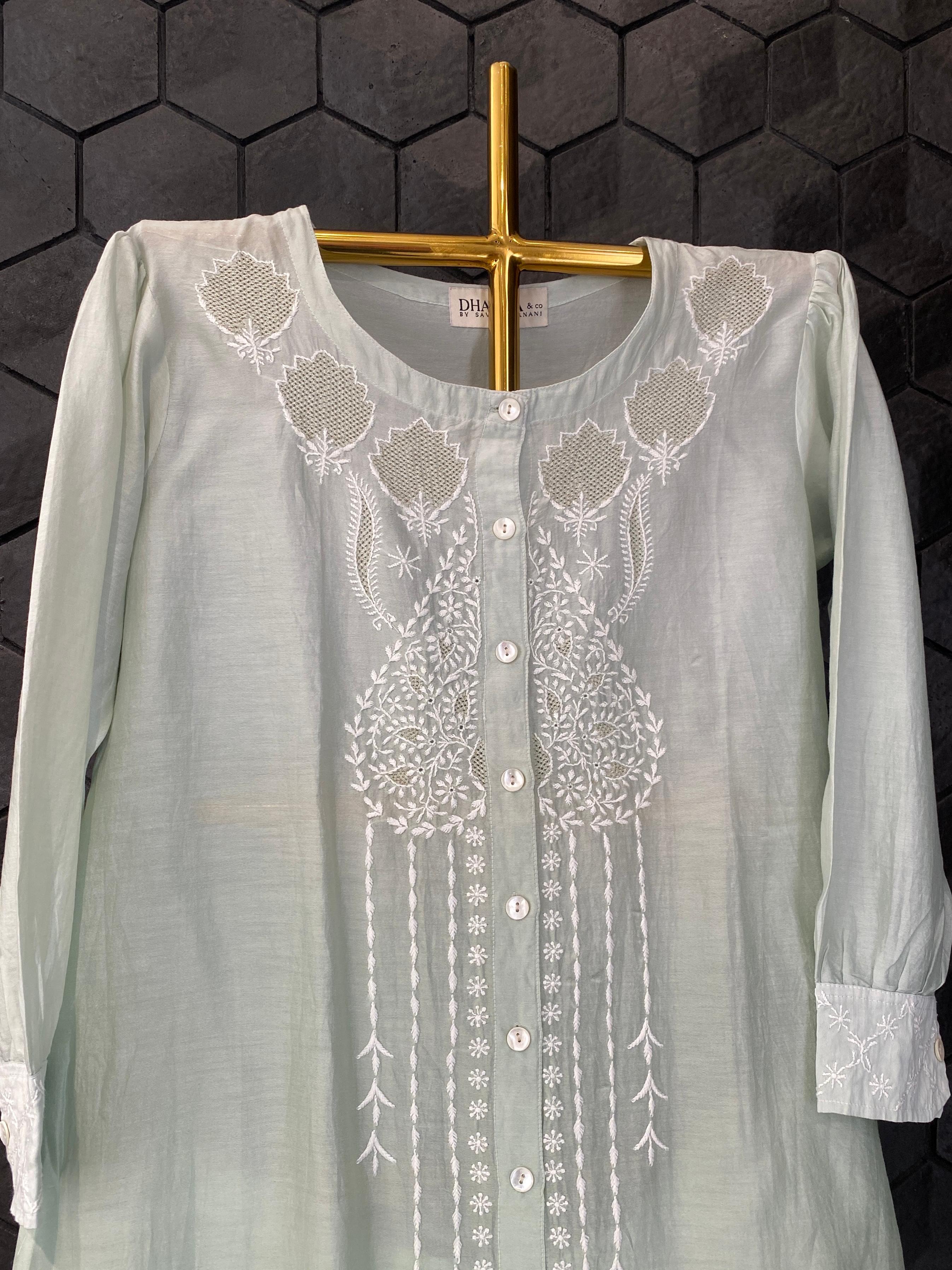 Sea Green mul chanderi chikankari co-ord set