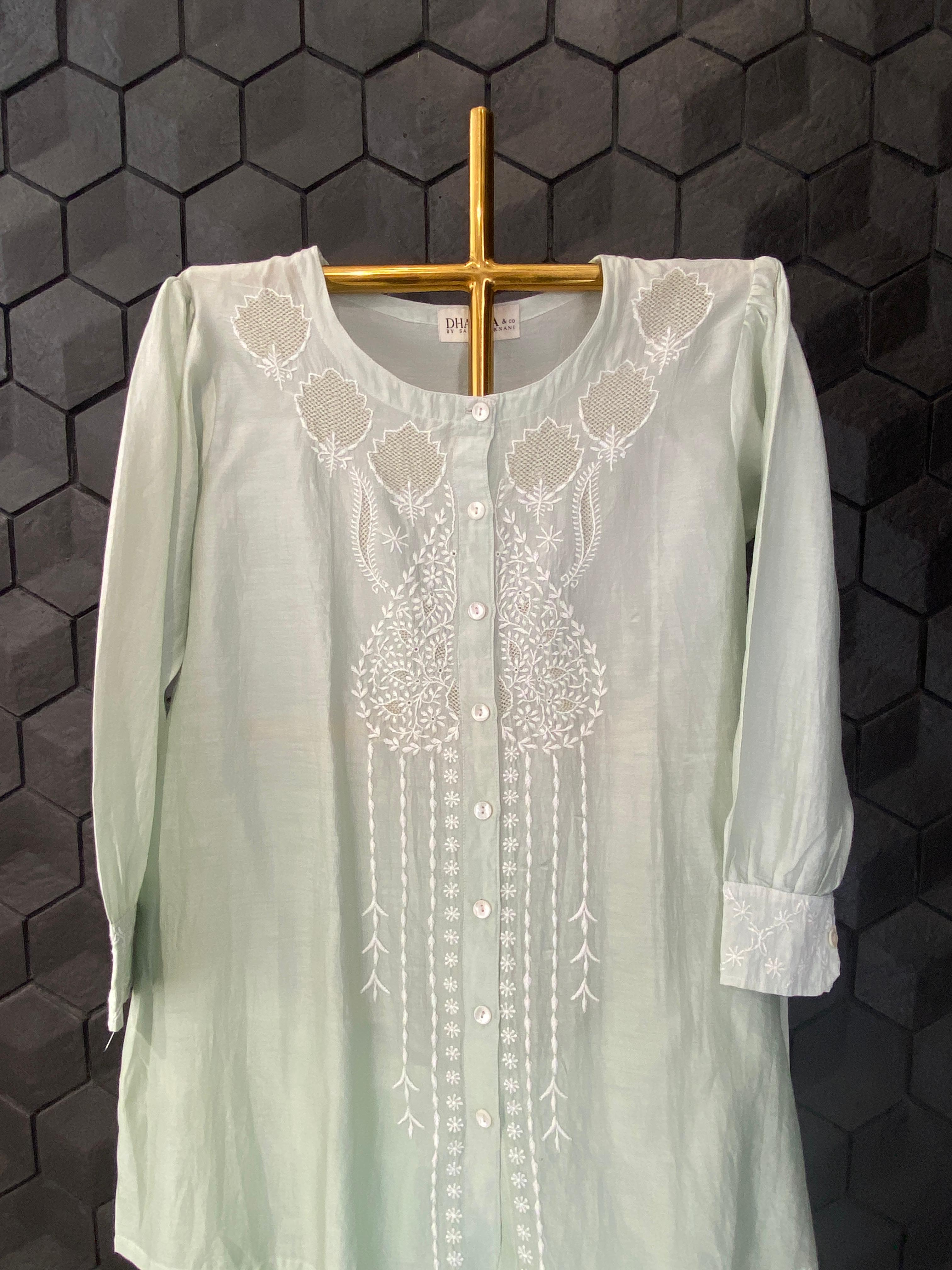 Sea Green mul chanderi chikankari co-ord set