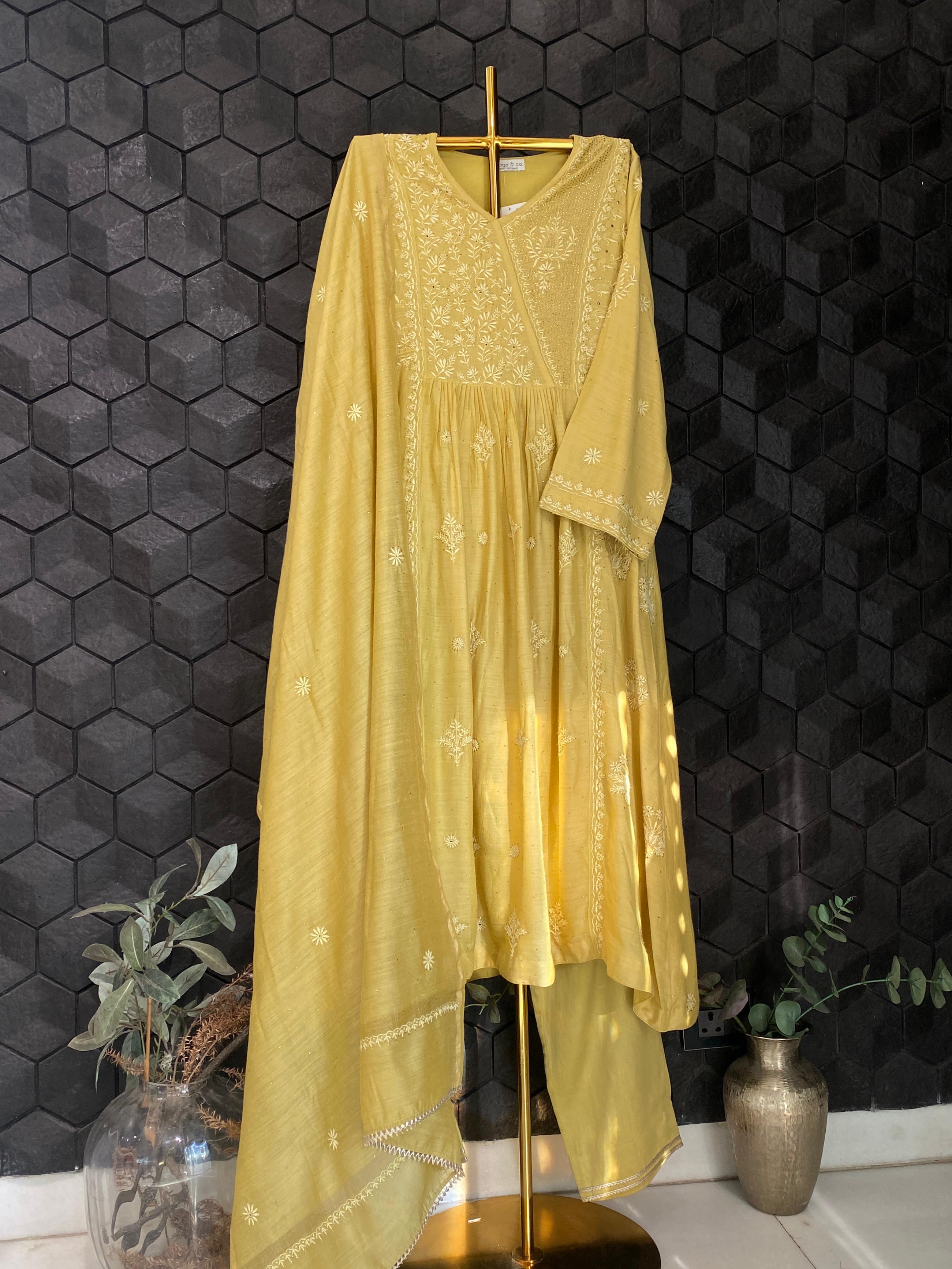 Lime green munga silk chikankari angarkha set