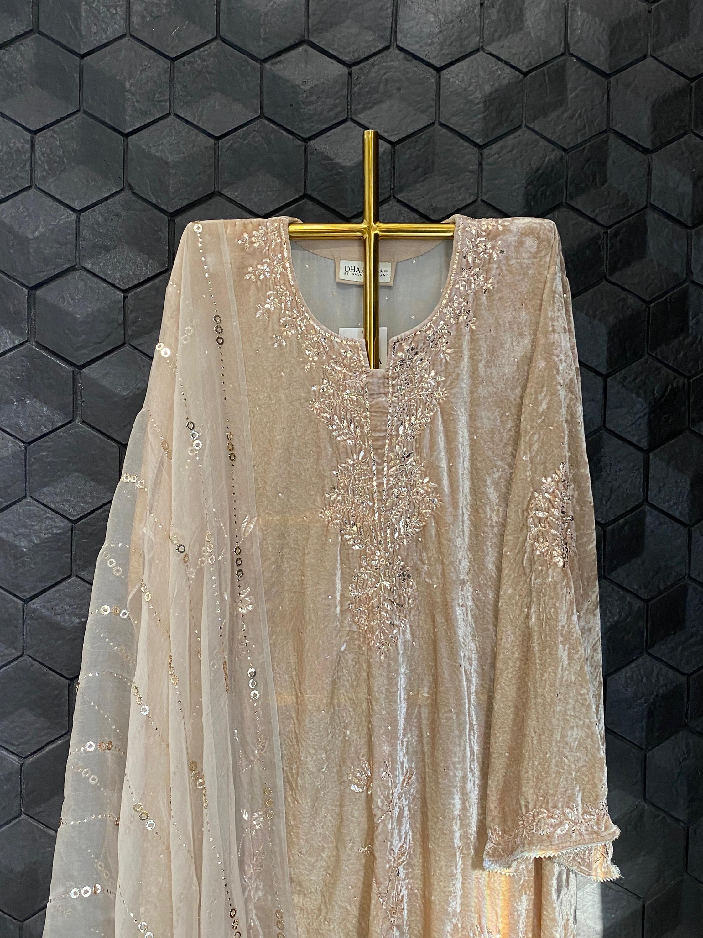 Brown velvet mukaish kurta set