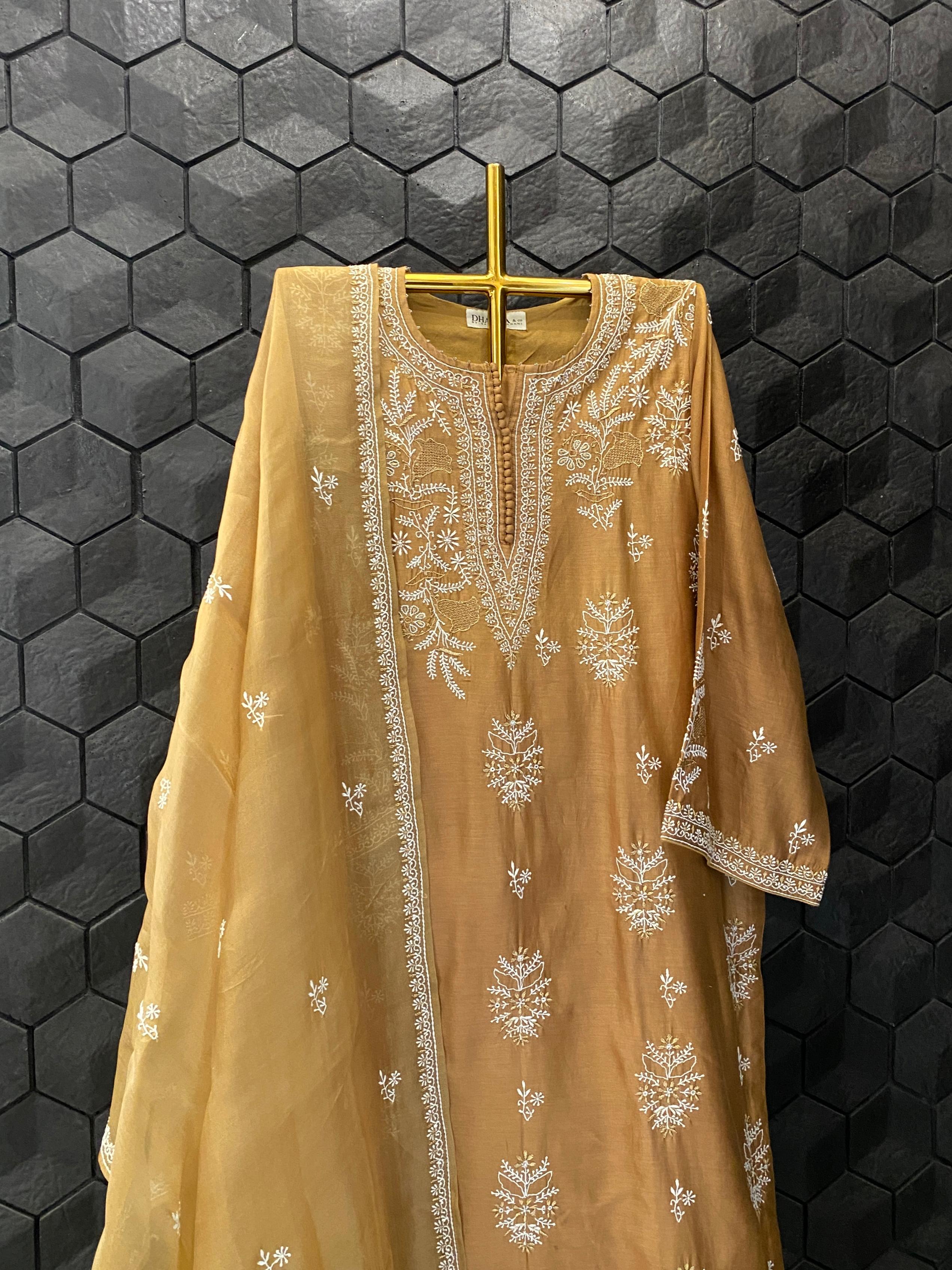 Gold Chanderi Chikankari Kurta Set