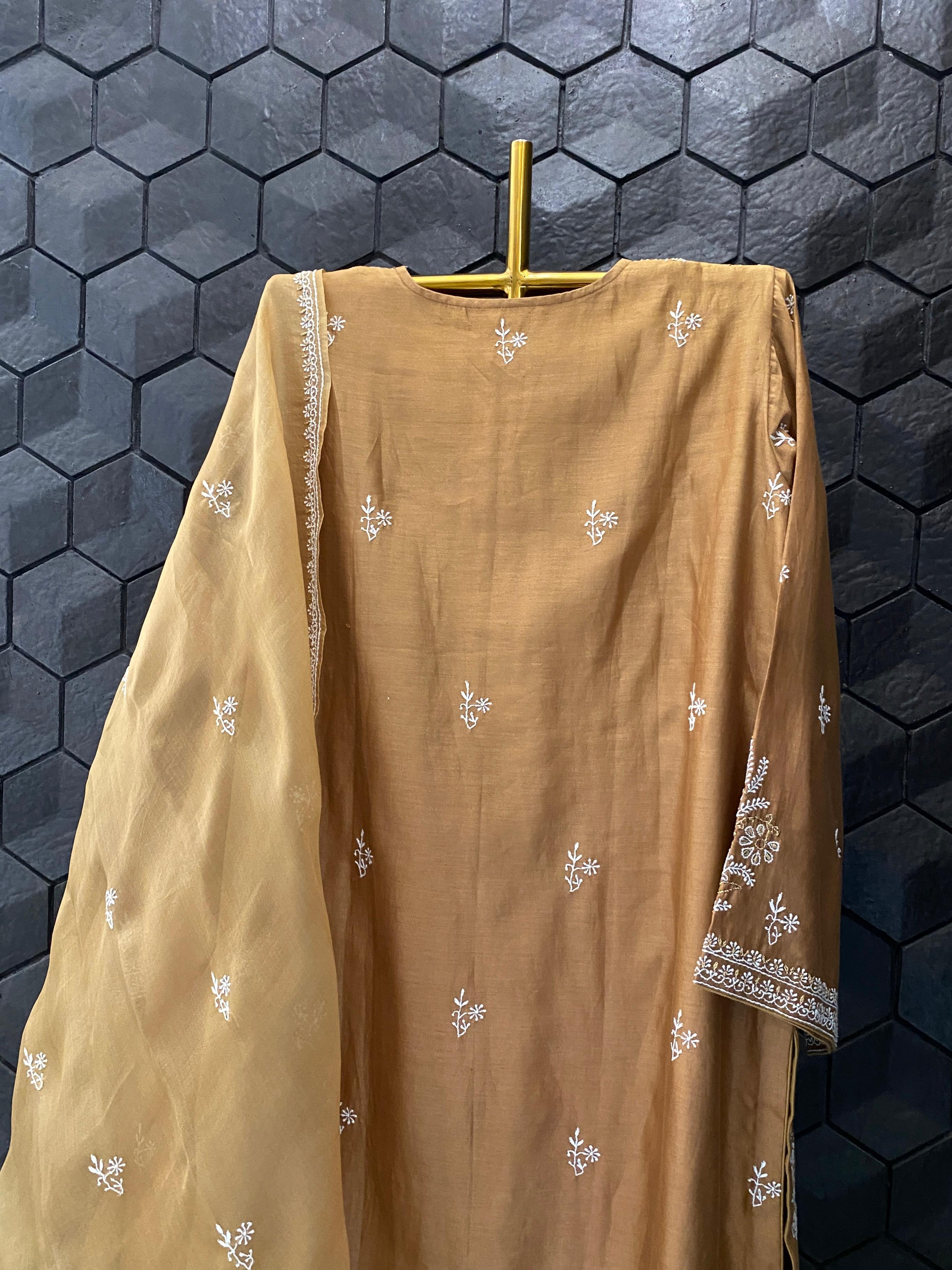 Gold Chanderi Chikankari Kurta Set