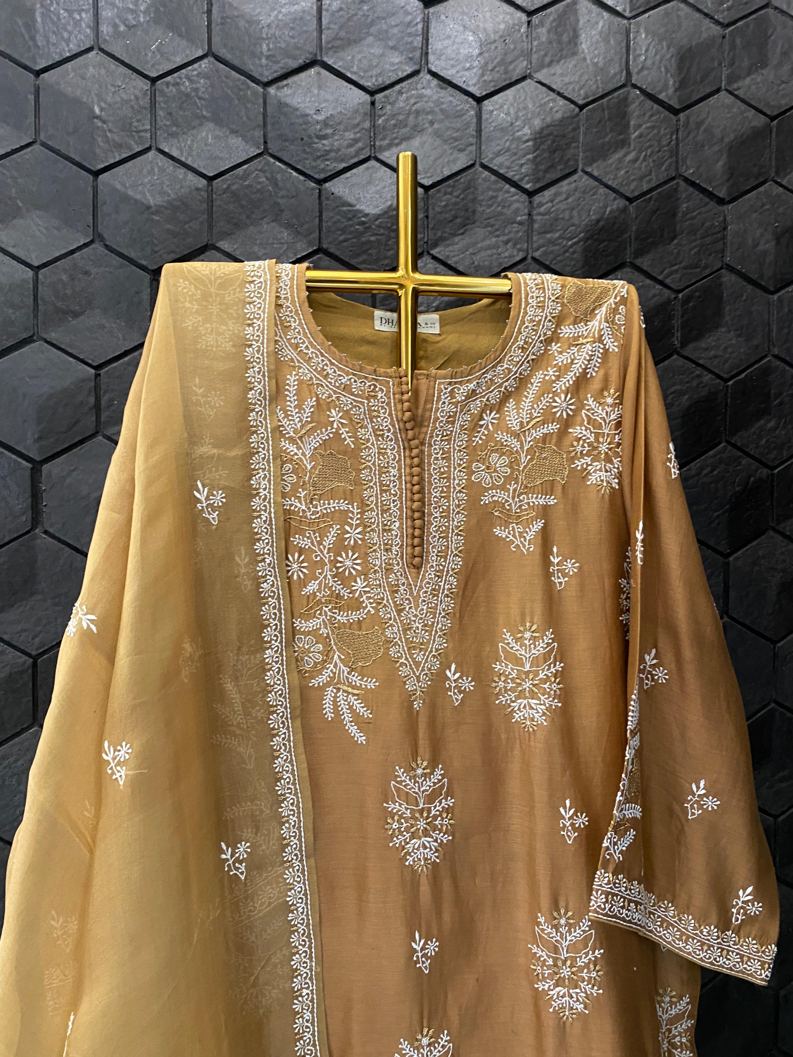 Gold Chanderi Chikankari Kurta Set