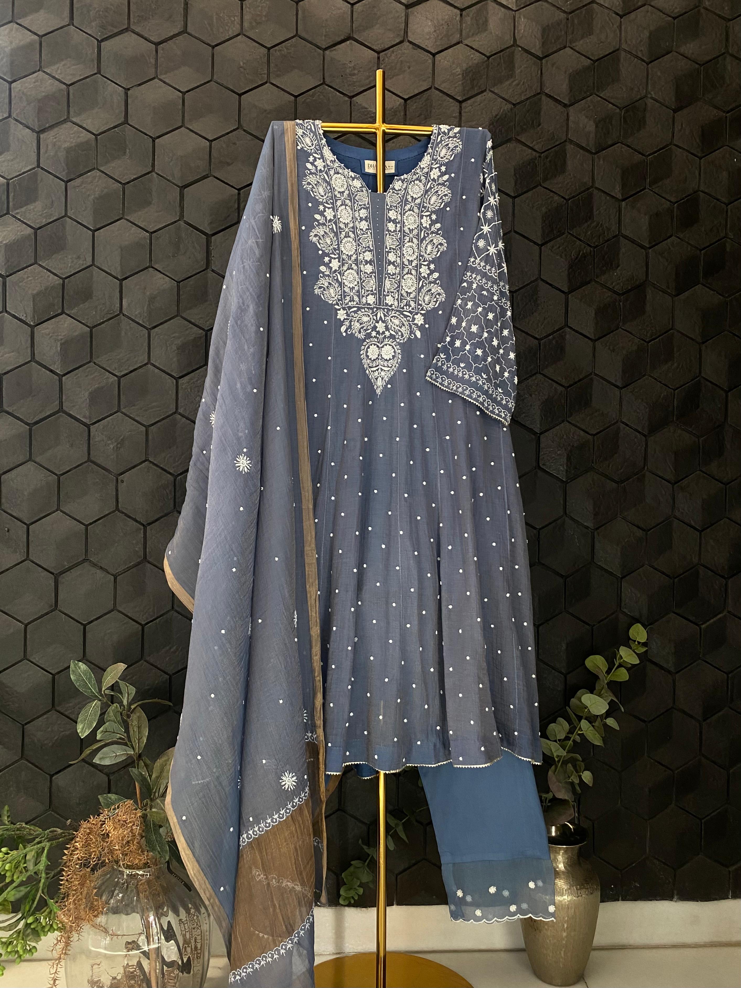 Blue golden tissue chikankari anarkali set