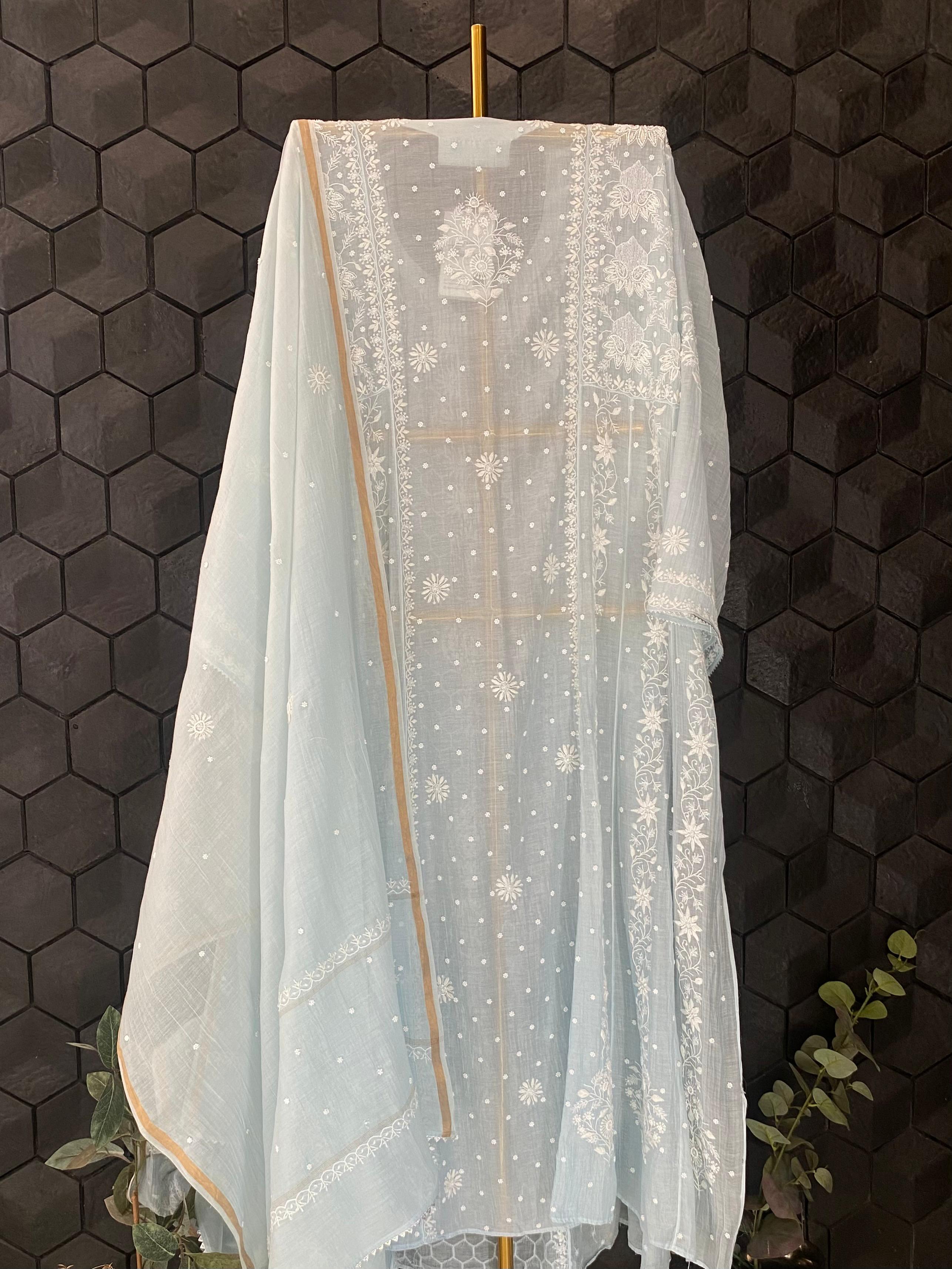 Sky blue mul chanderi chikankari anarkali set