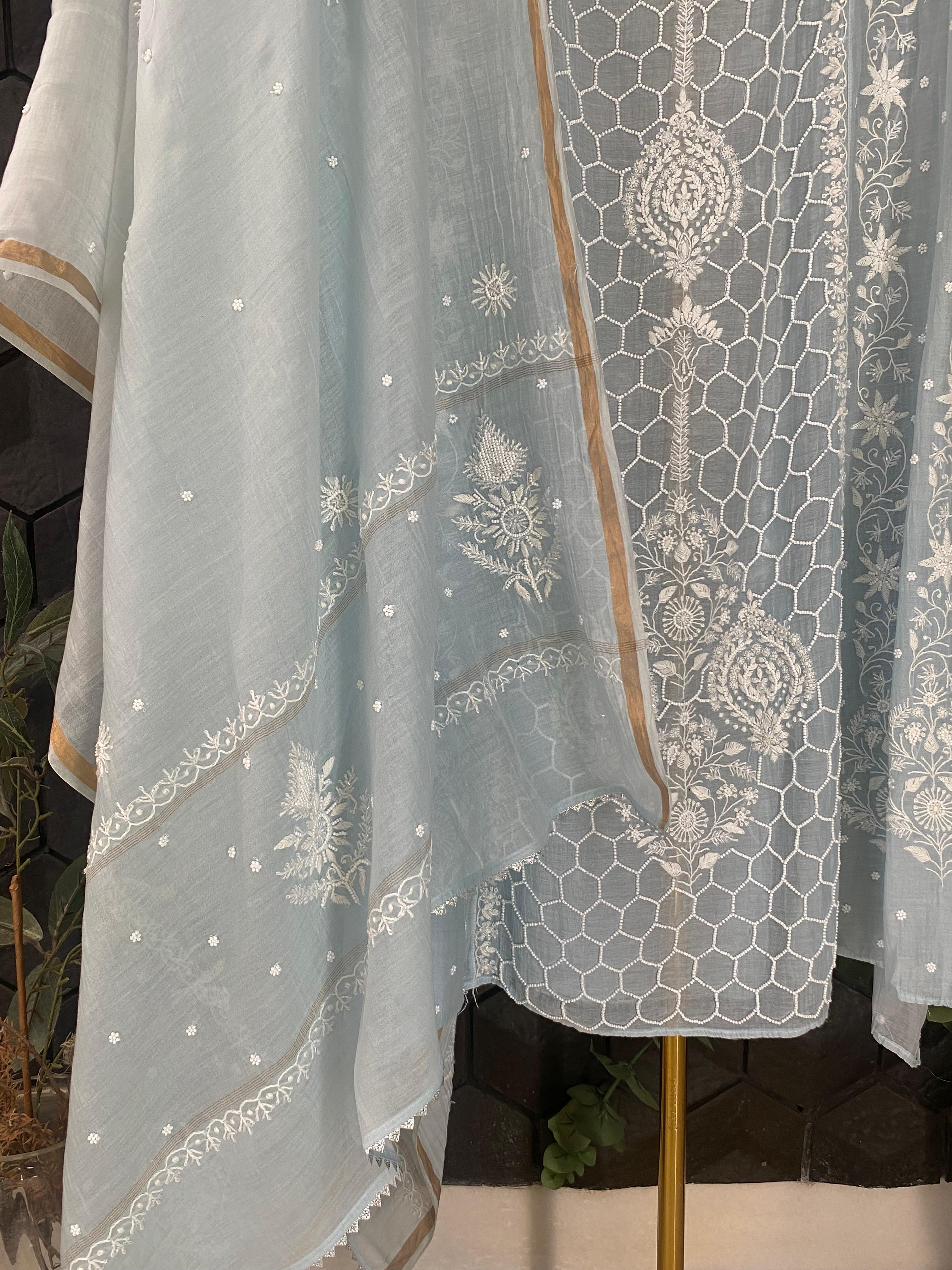 Sky blue mul chanderi chikankari anarkali set