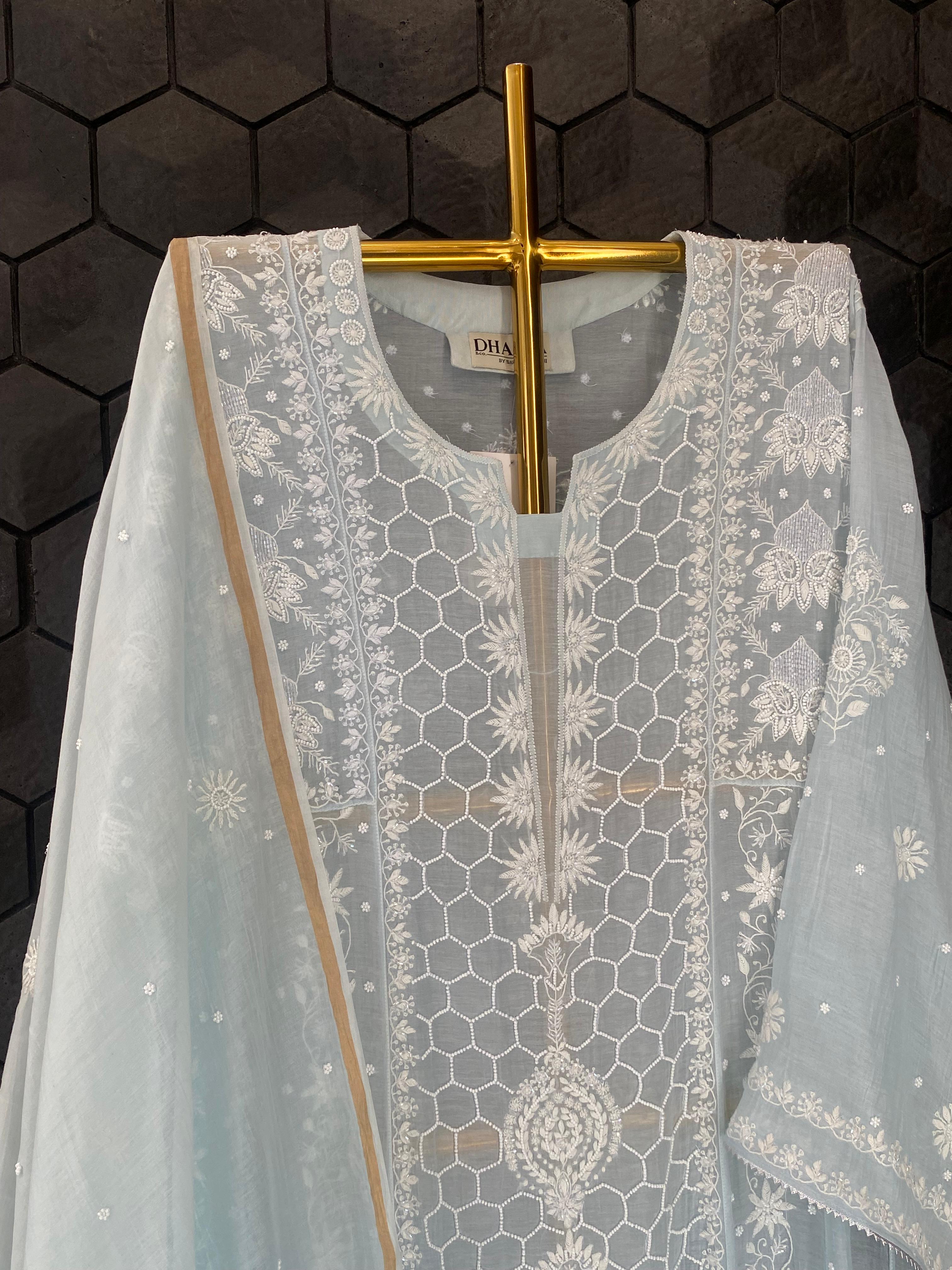 Sky blue mul chanderi chikankari anarkali set