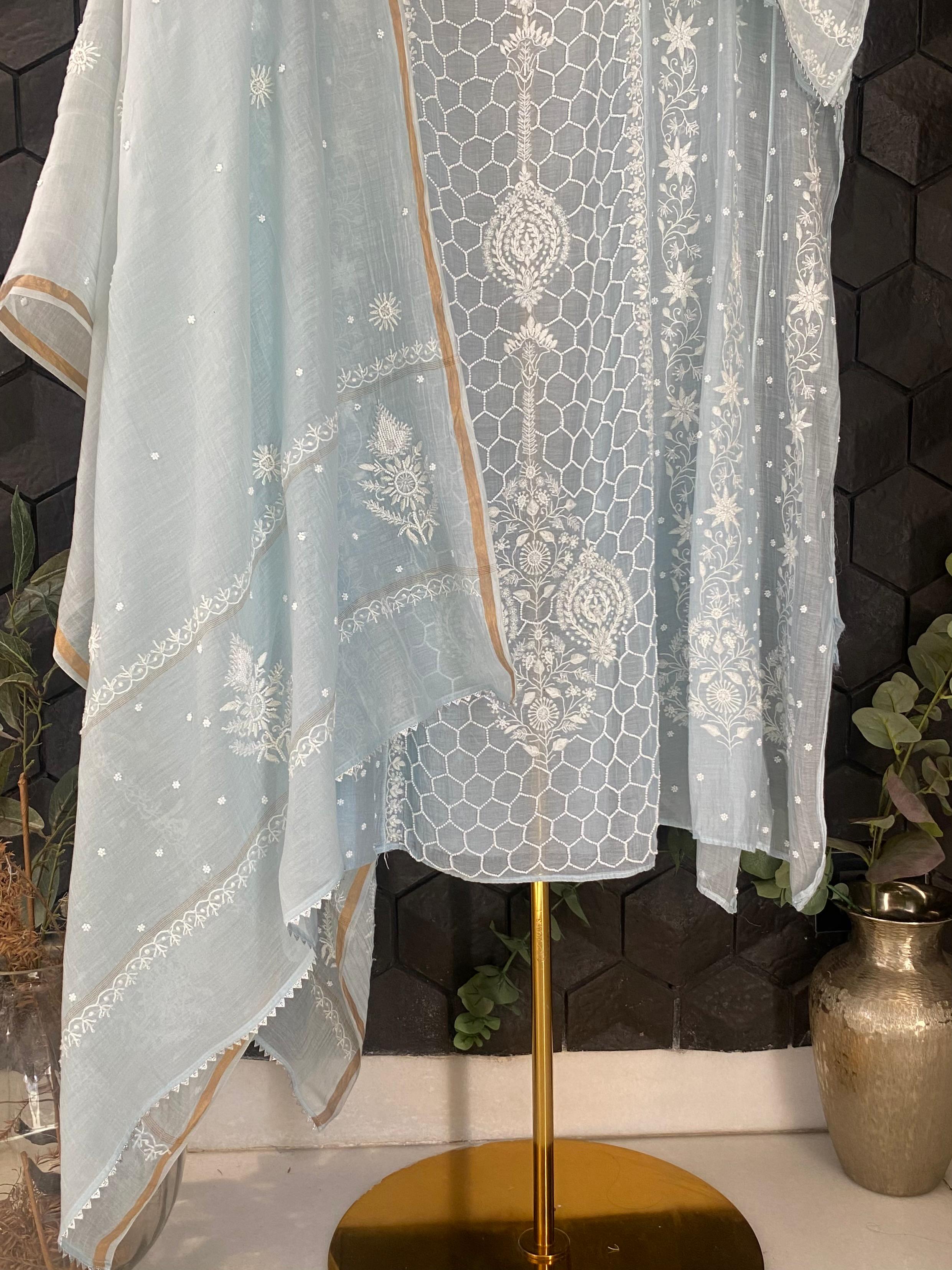 Sky blue mul chanderi chikankari anarkali set