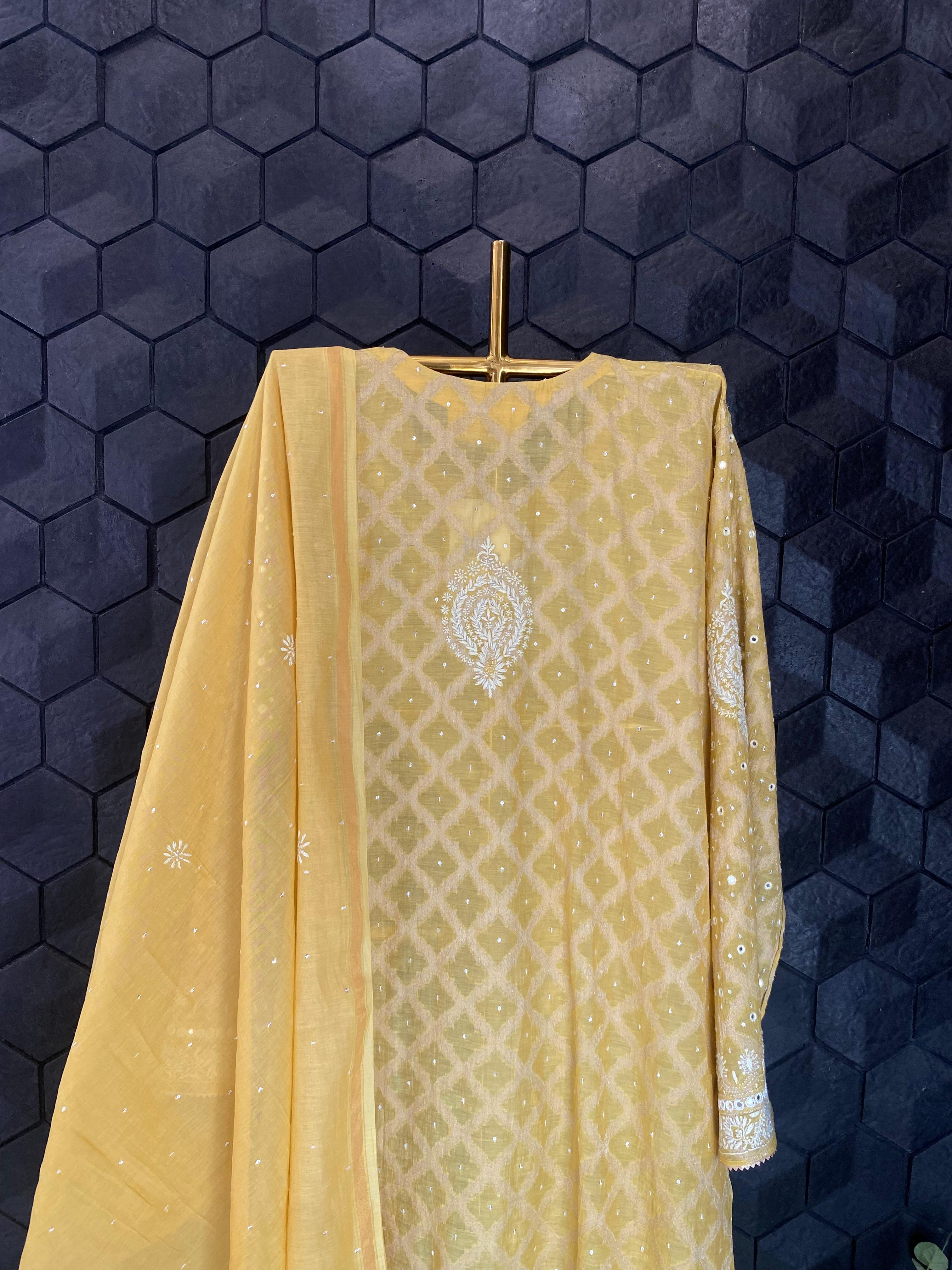 Yellow Golden Tissue Chikankari kurta set