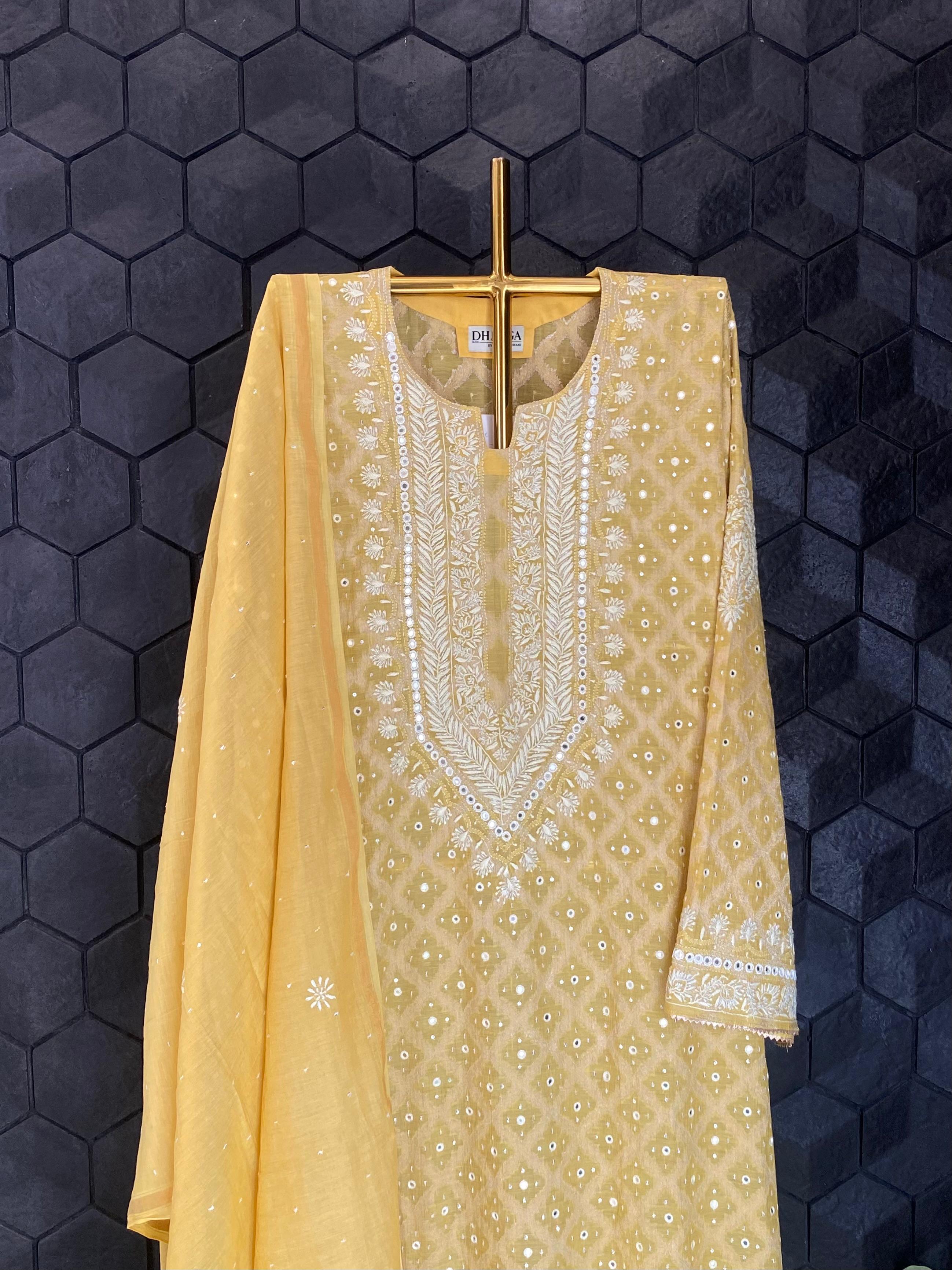 Yellow Golden Tissue Chikankari kurta set