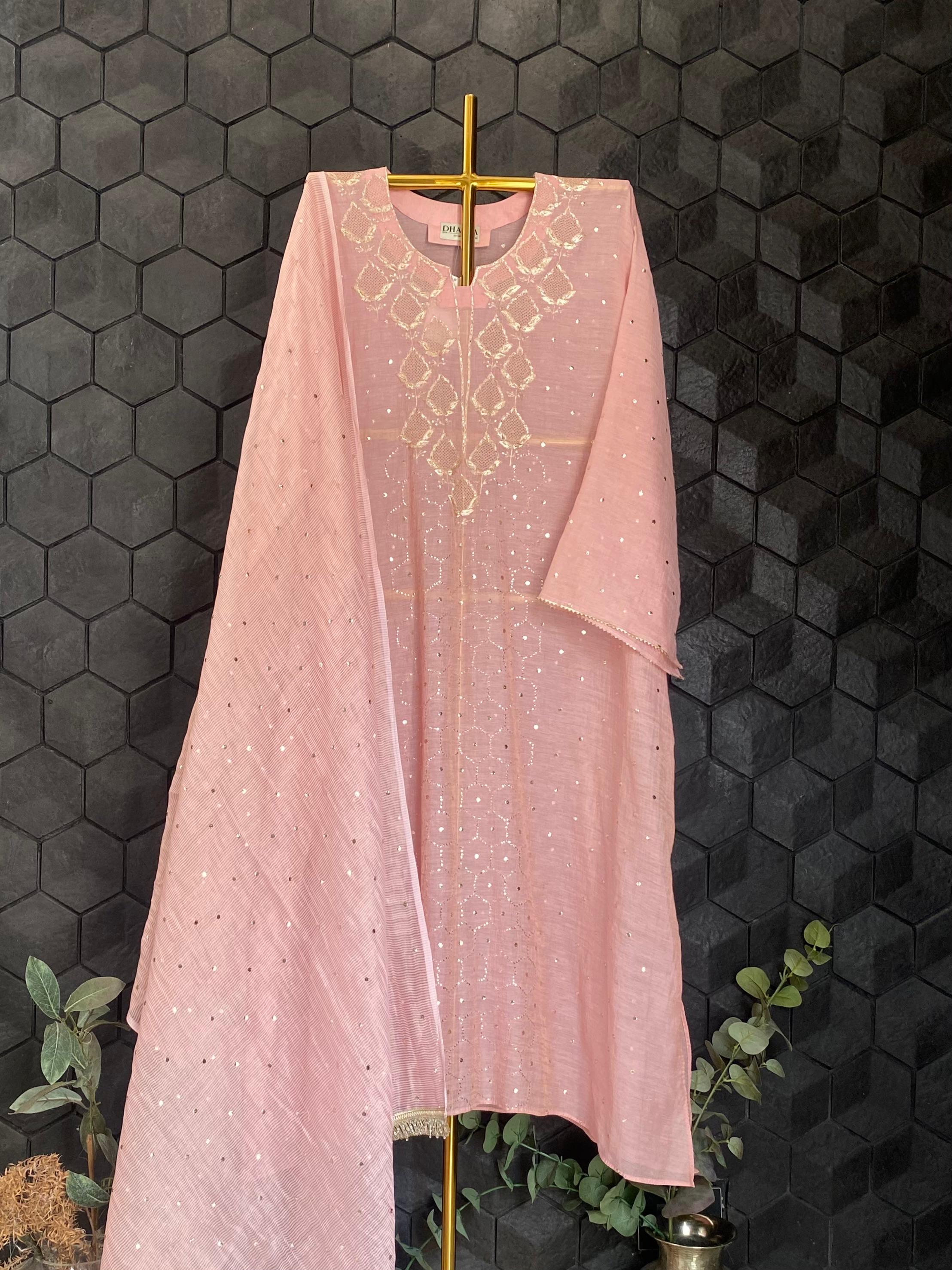 Pink golden tissue Mukaish kurta set
