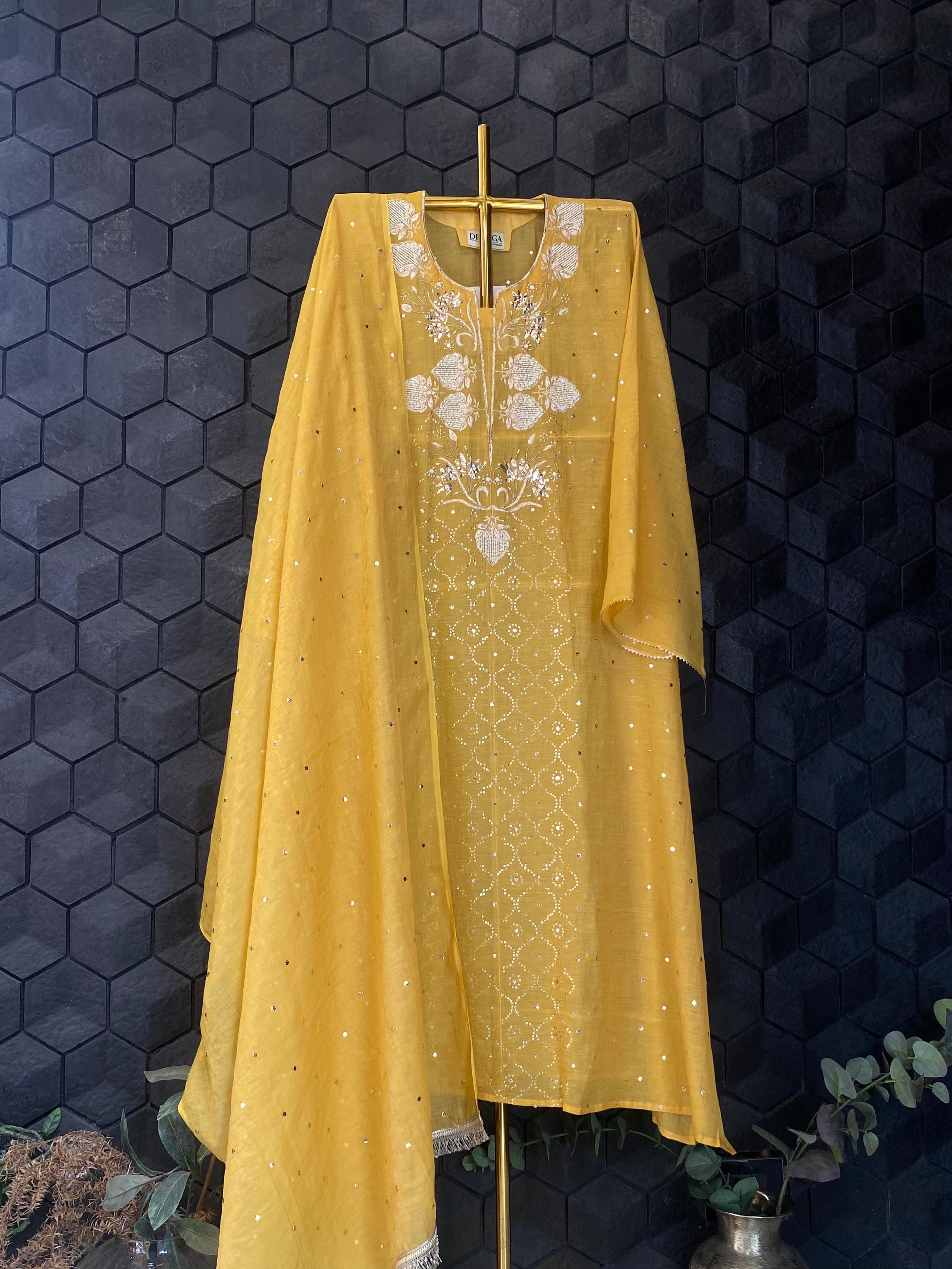 Mustard golden tissue cikankari kurta set