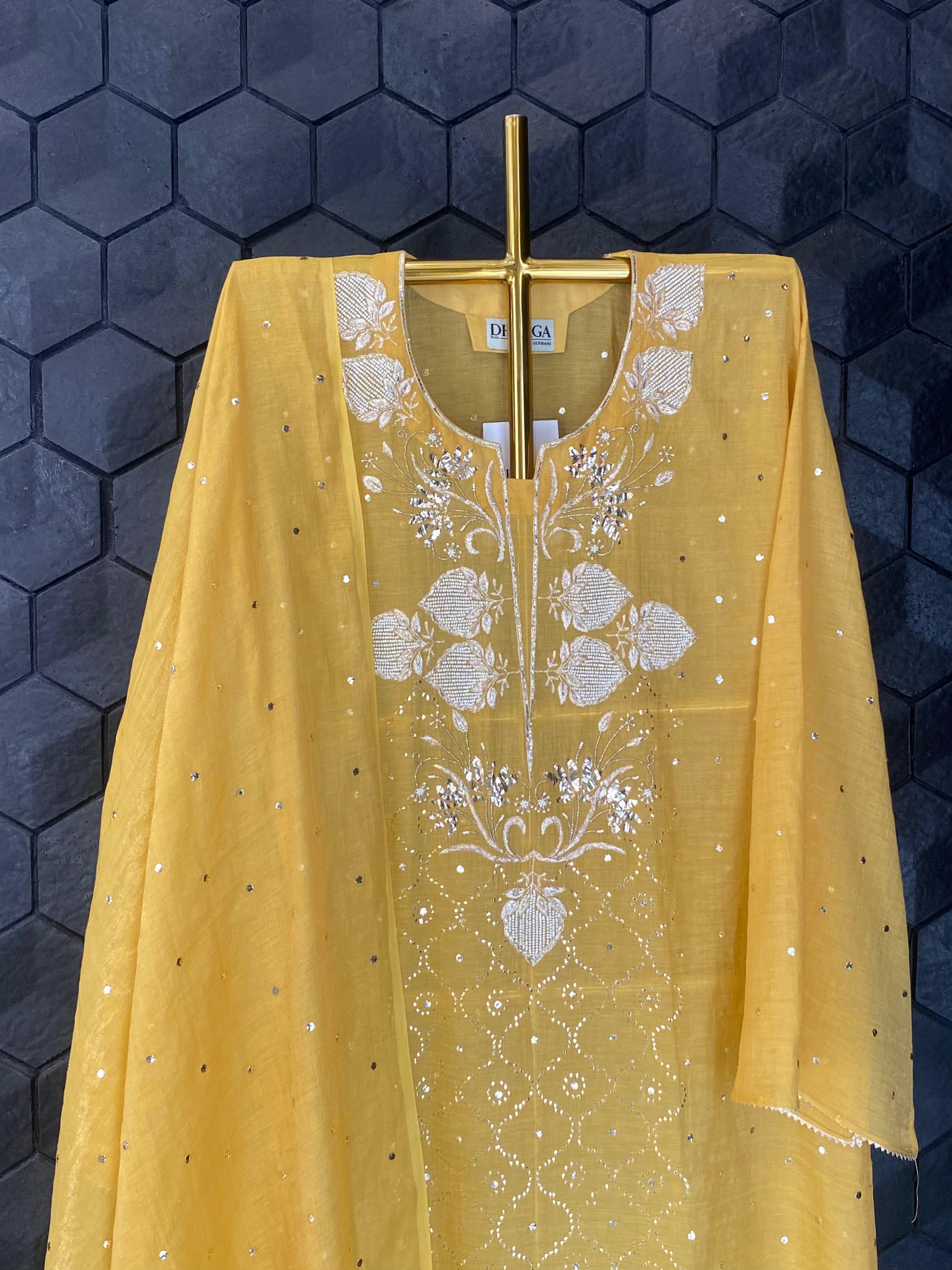 Mustard golden tissue cikankari kurta set
