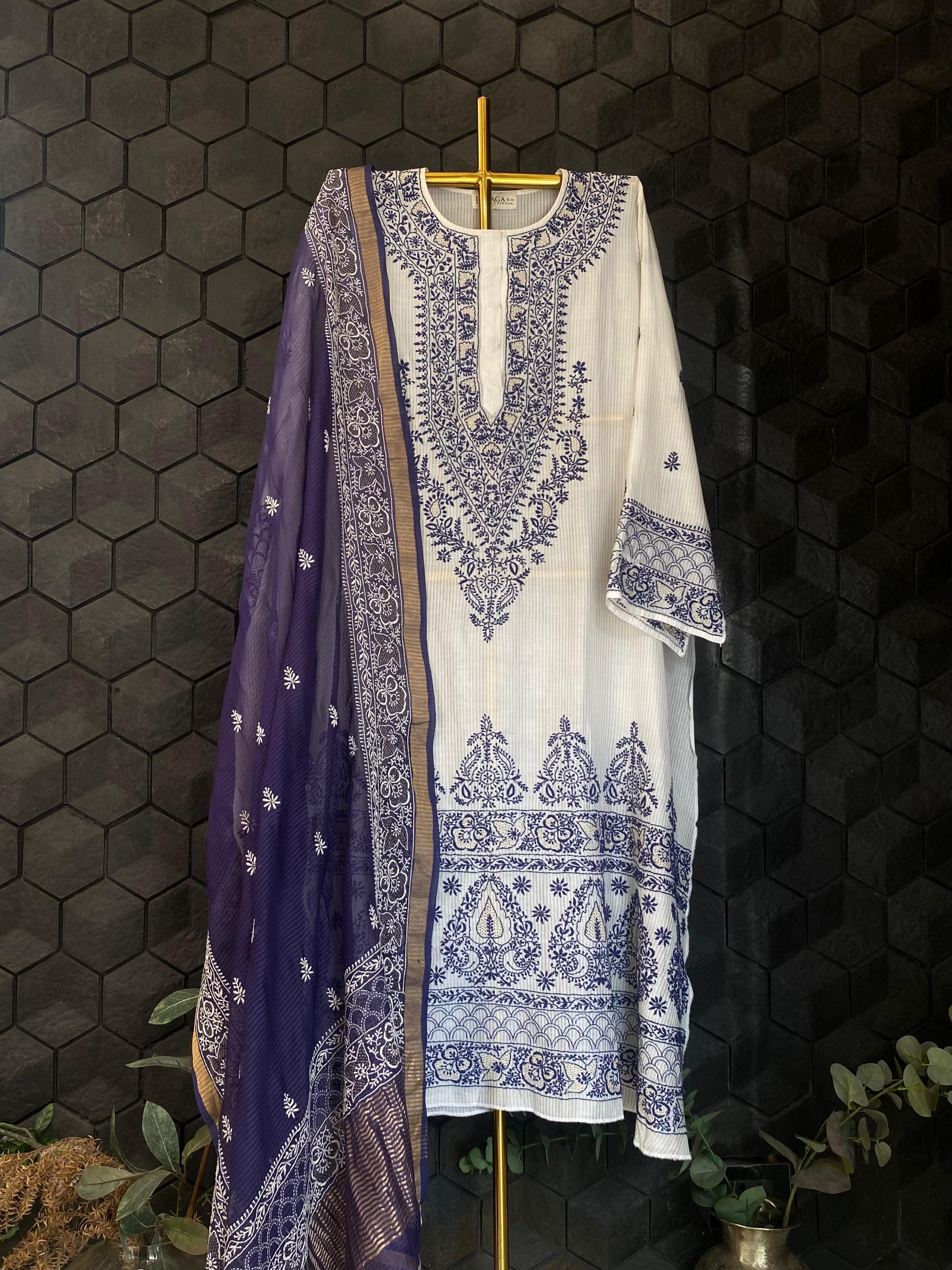 White maheshwari chikankari kurta set