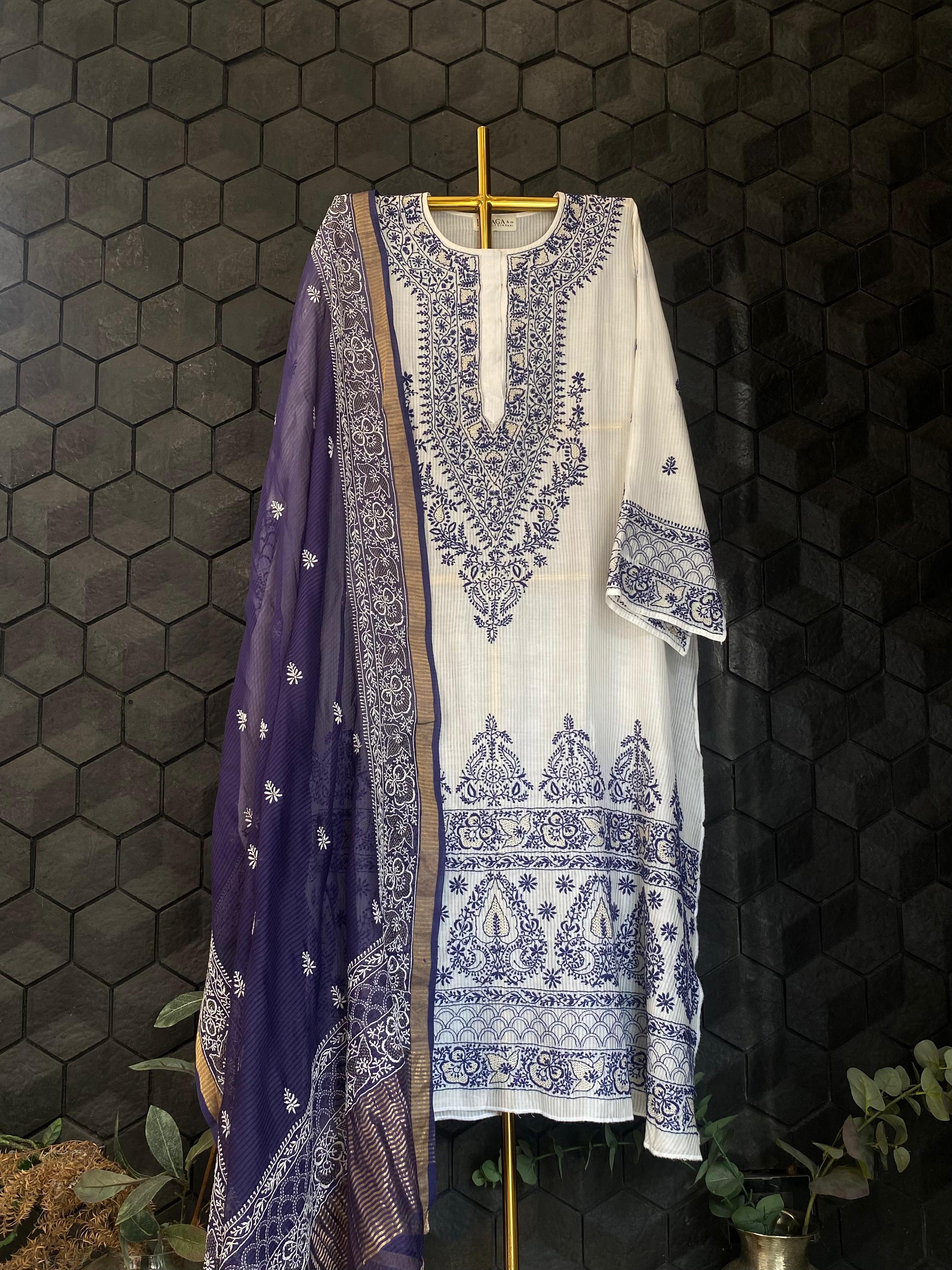 White maheshwari chikankari kurta set
