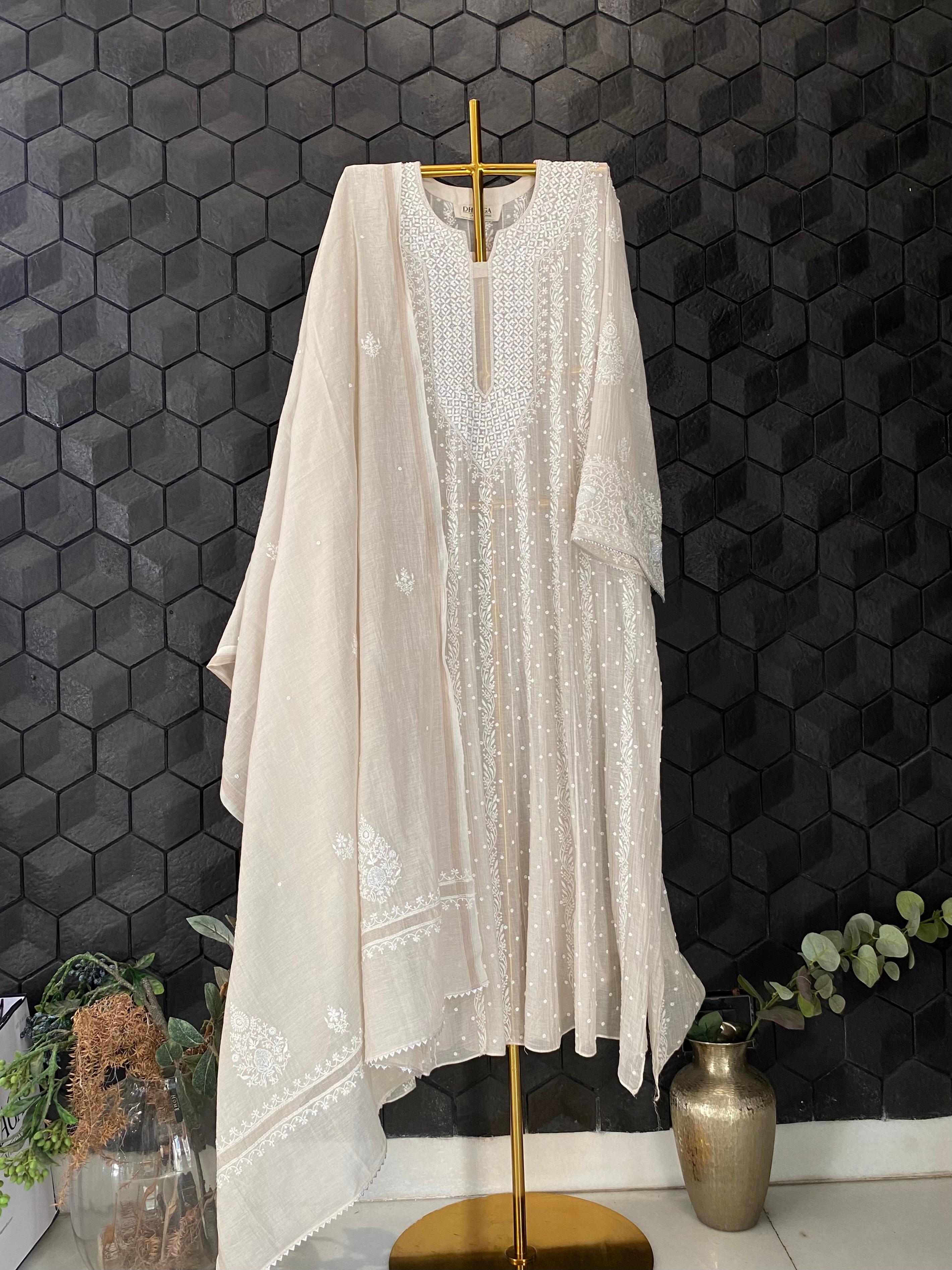 Silver Tissue Chikankari Anarkali Set