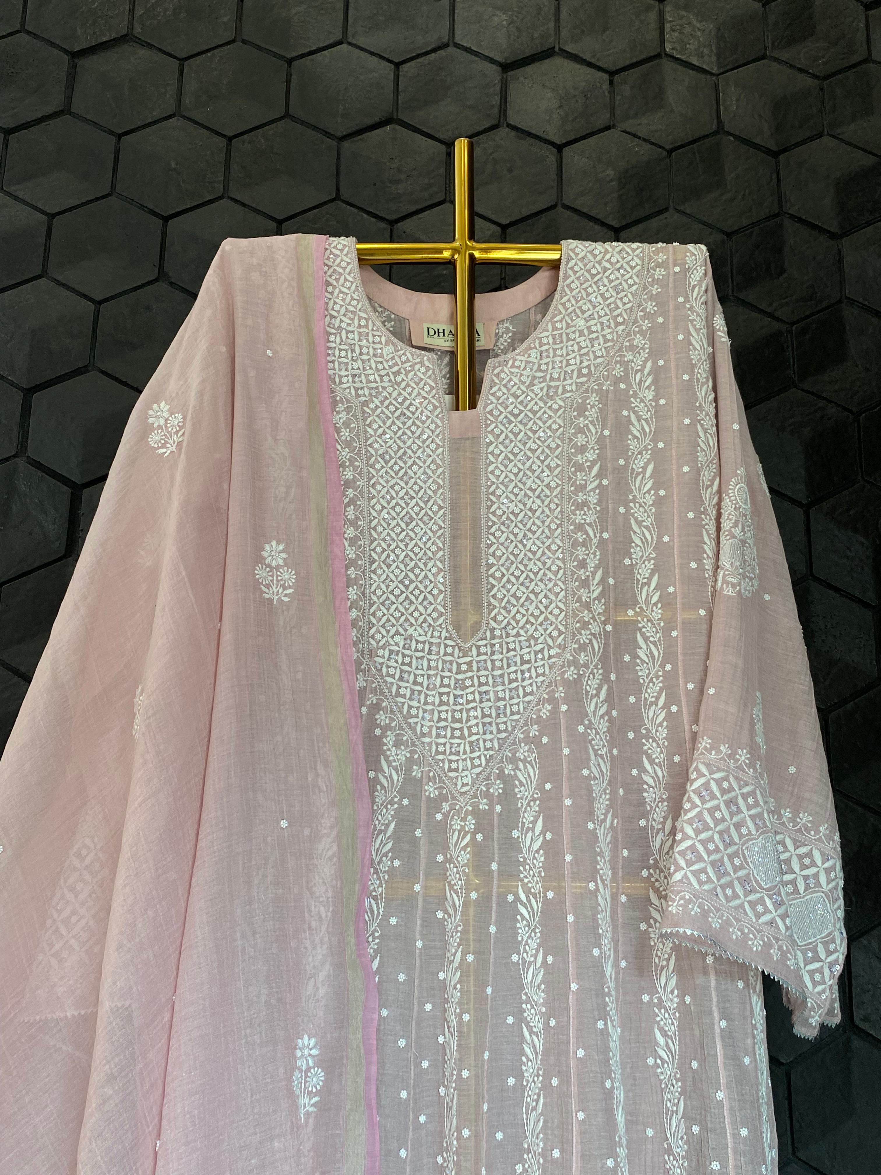 Pink Silver Tissue Chikankari Anarkali Set