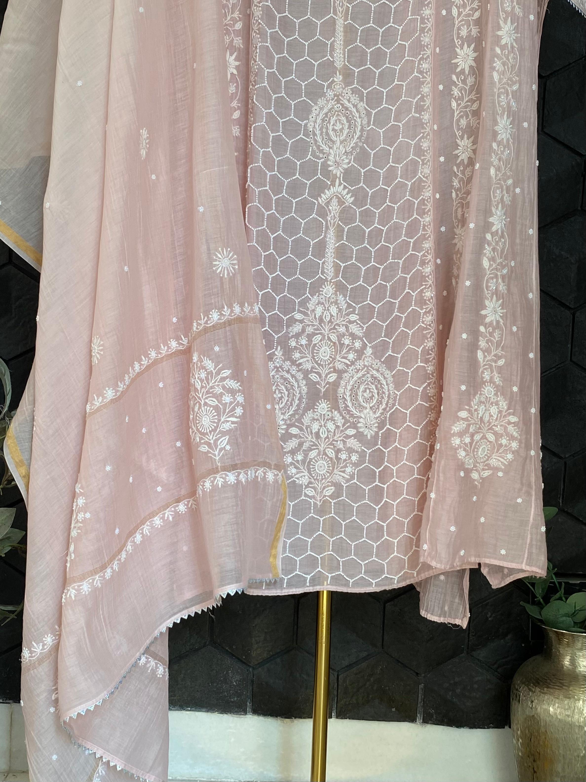Pink Mul Chanderi Chikankari Anarkali Set