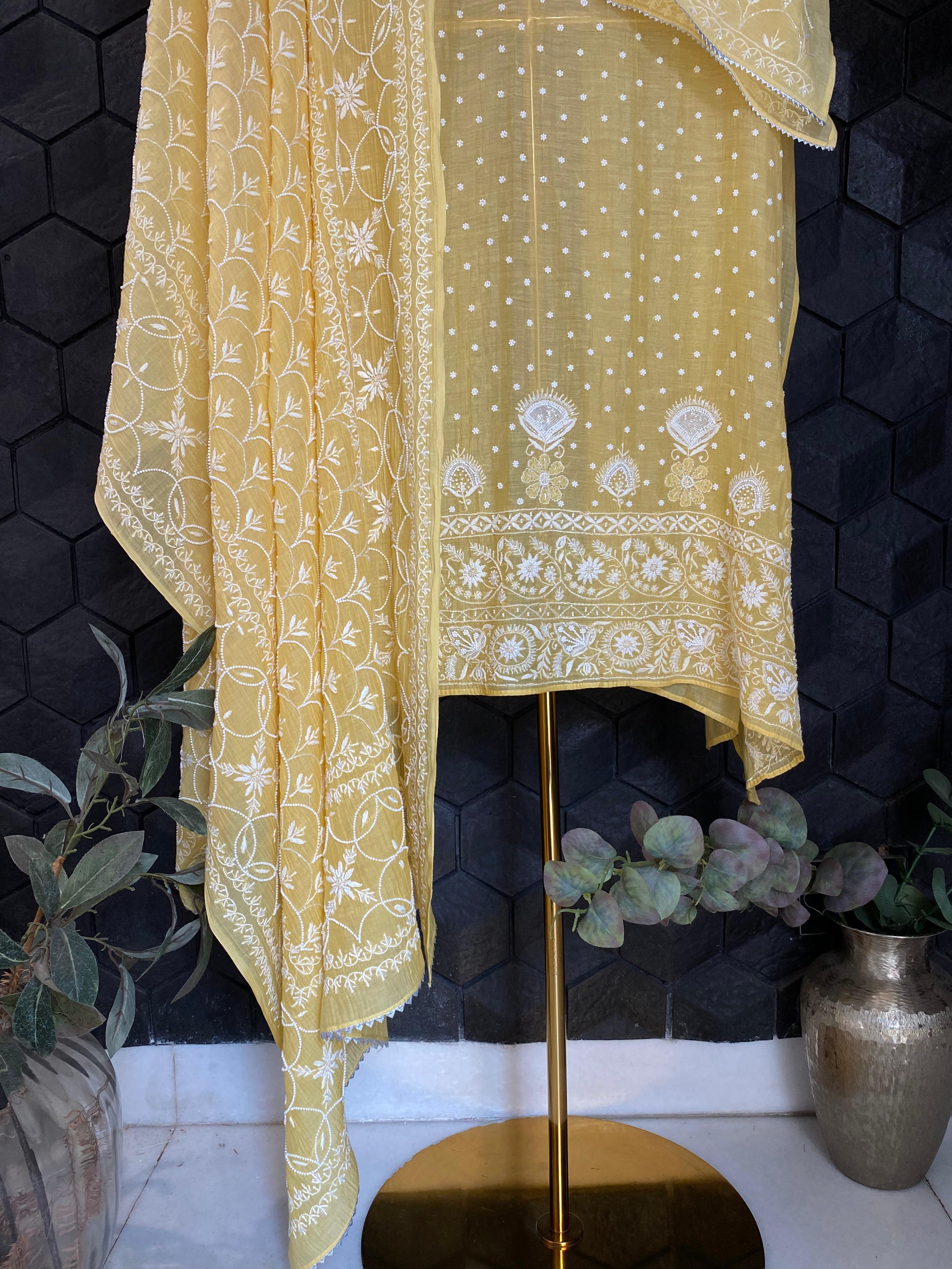 Yellow Mul Chanderi Chikankari Kurta Set