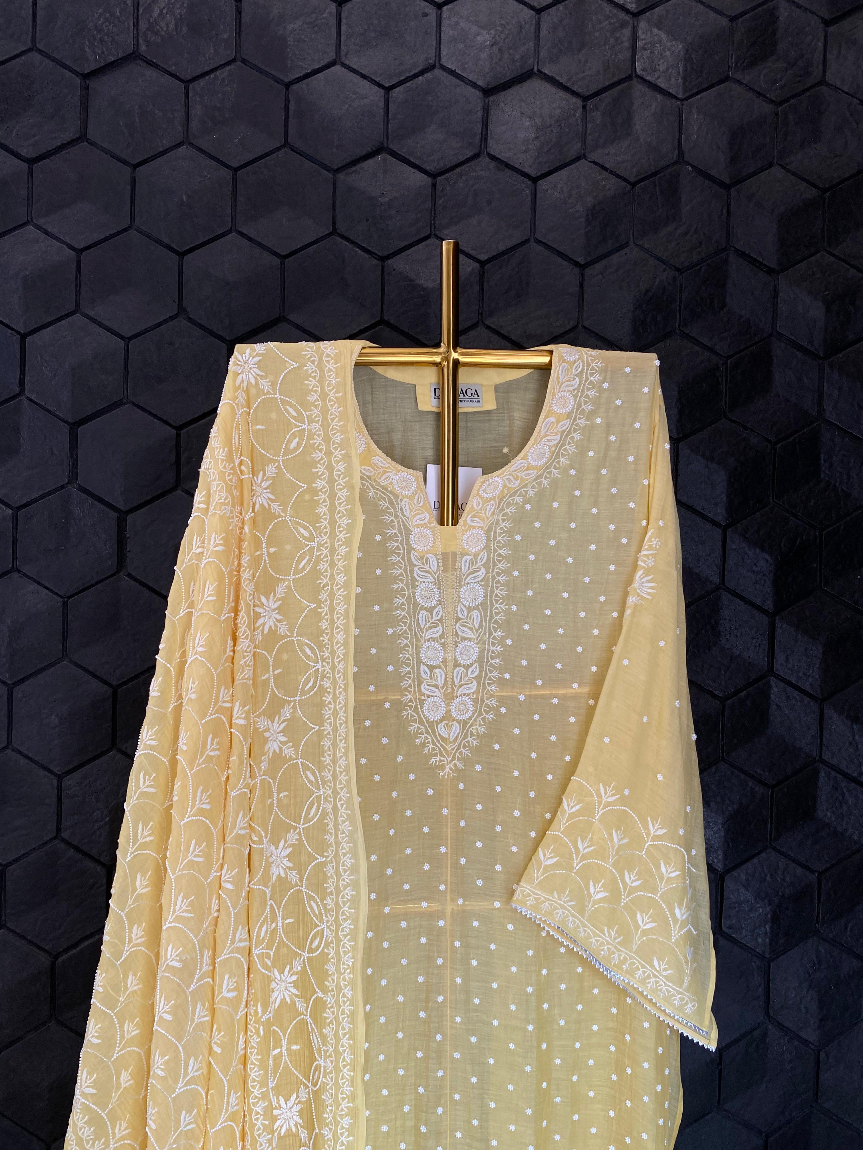 Yellow Mul Chanderi Chikankari Kurta Set
