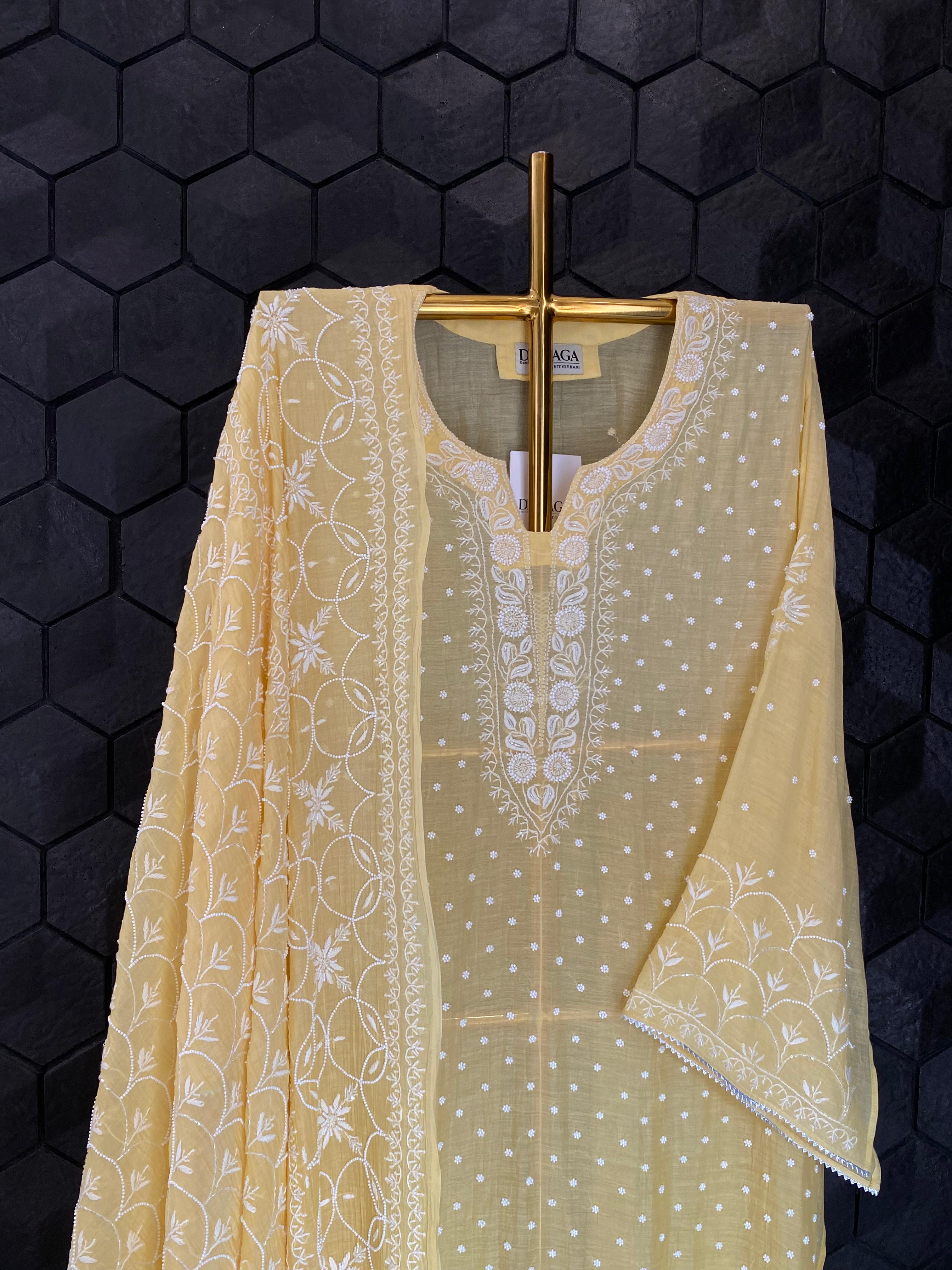 Yellow Mul Chanderi Chikankari Kurta Set