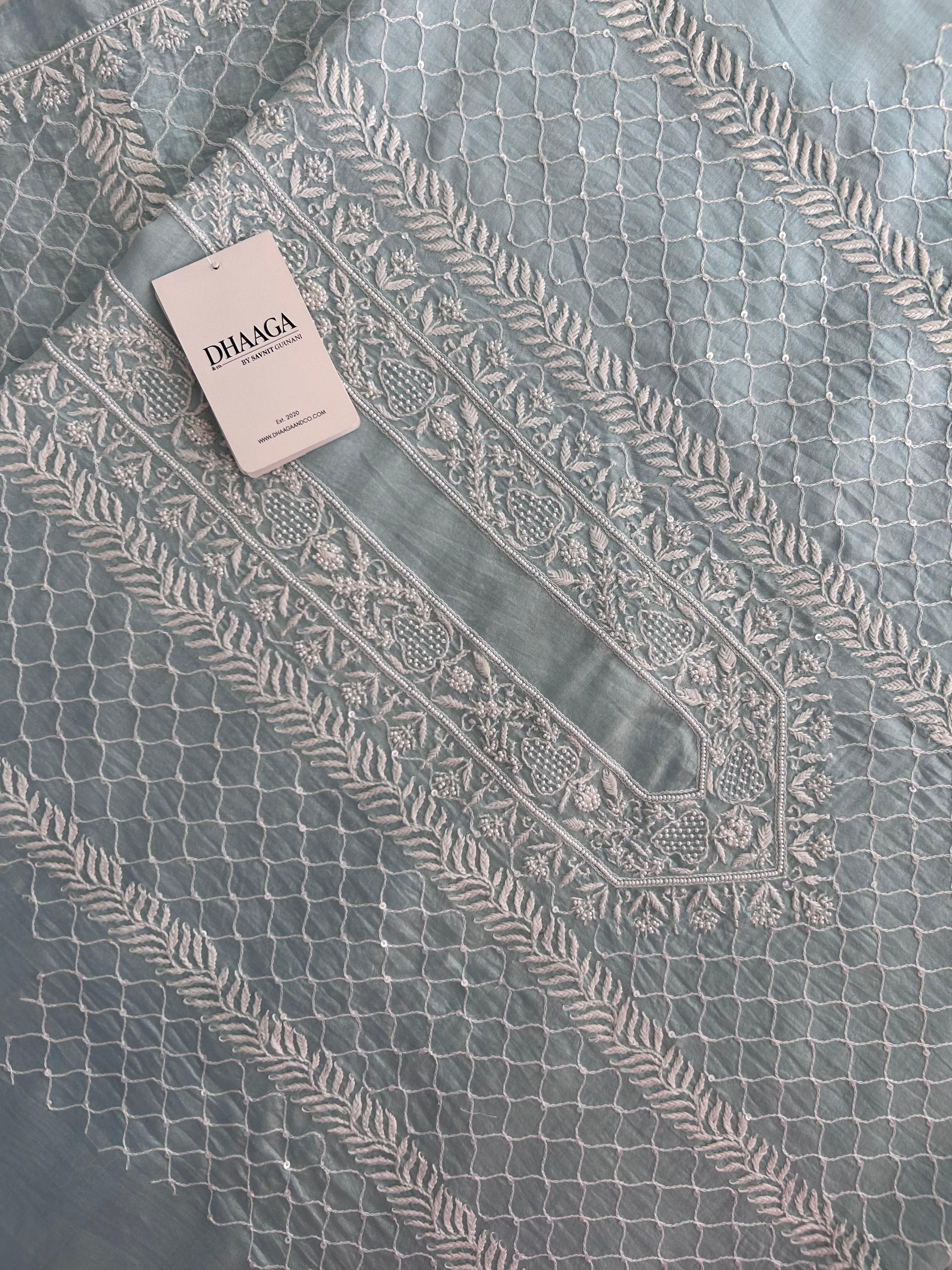 Sky Blue Mens Chanderi Chikankari Kurta