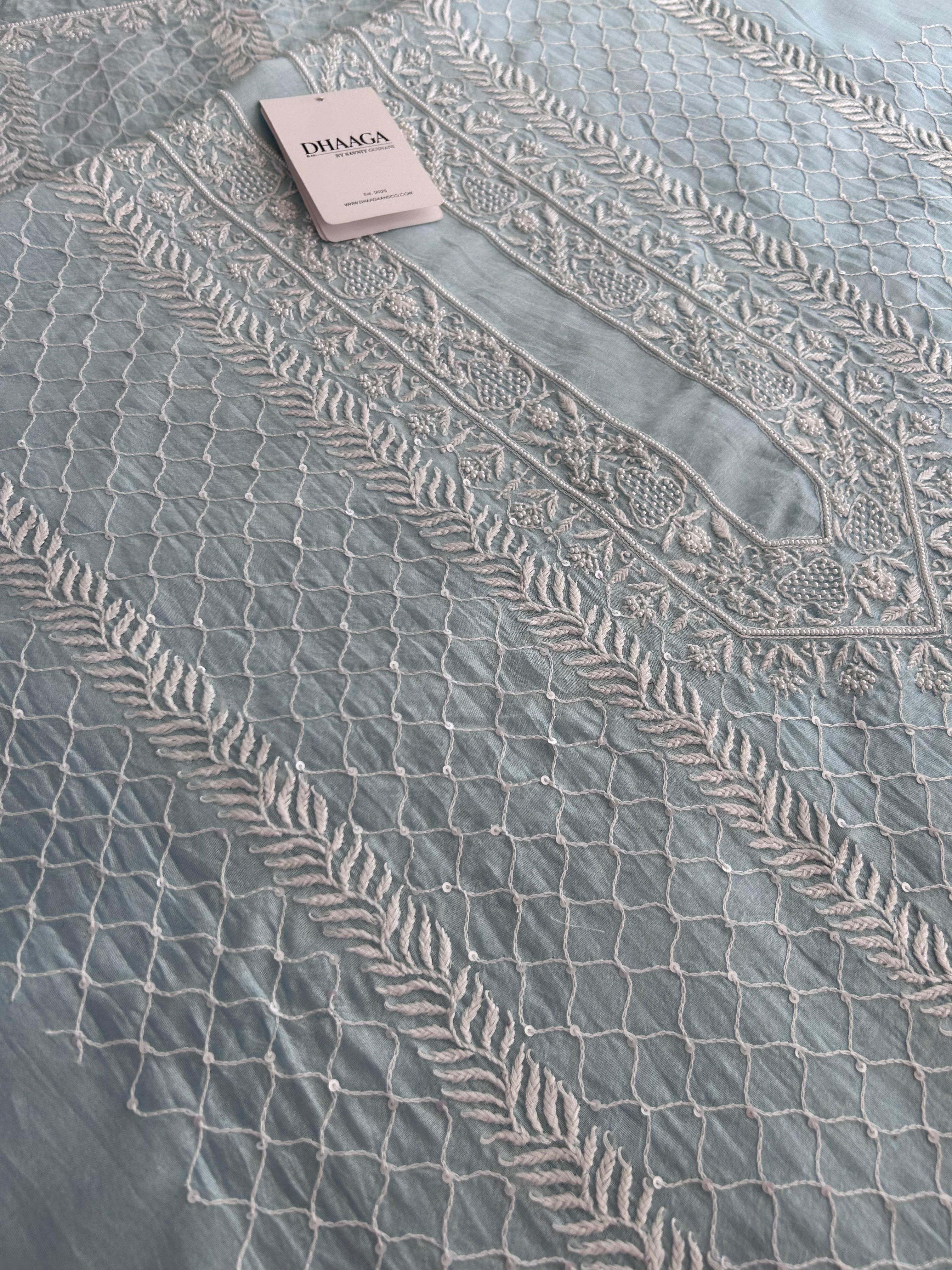 Sky Blue Mens Chanderi Chikankari Kurta