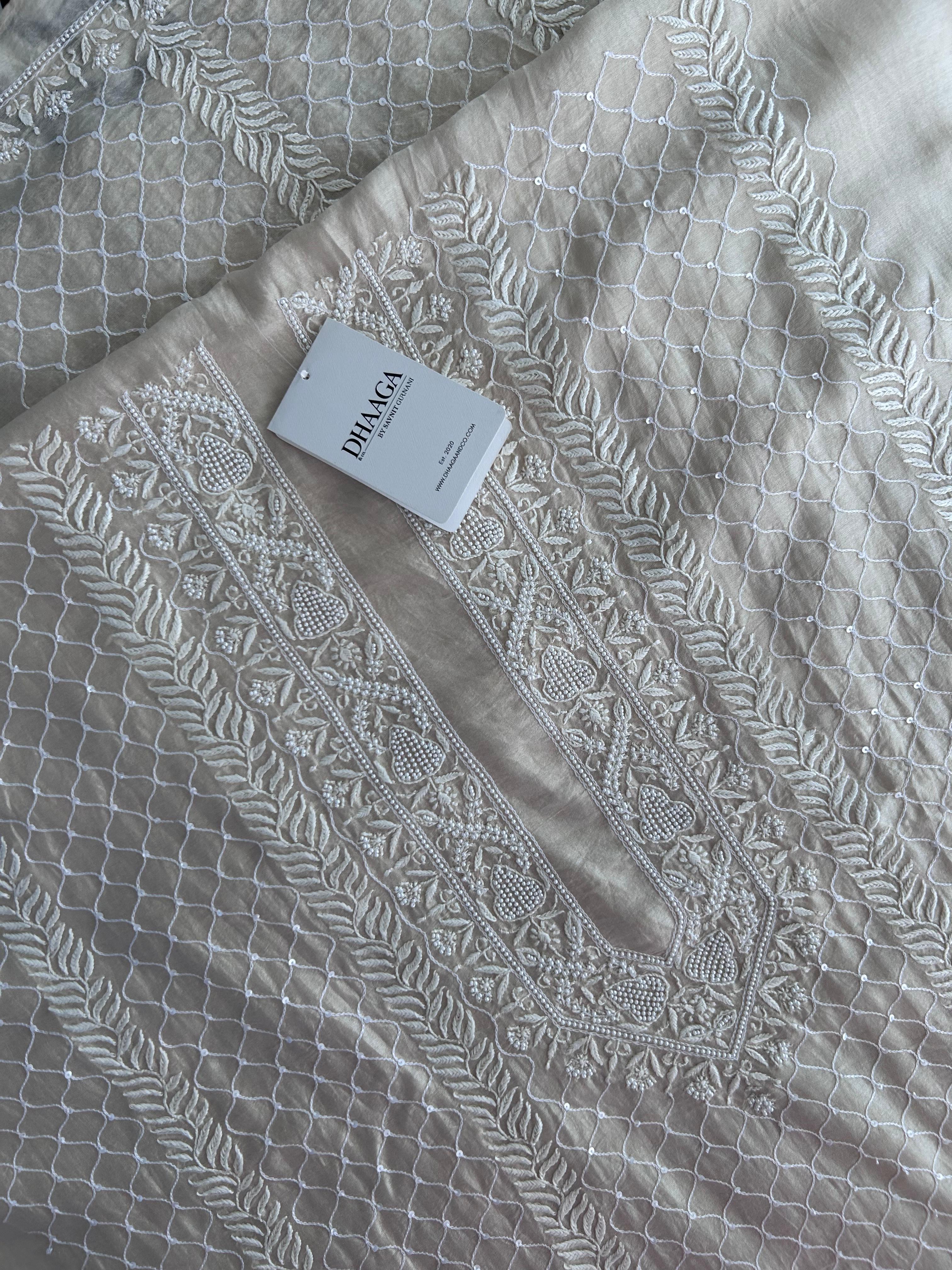 Beige Mens Chanderi Chikankari Kurta