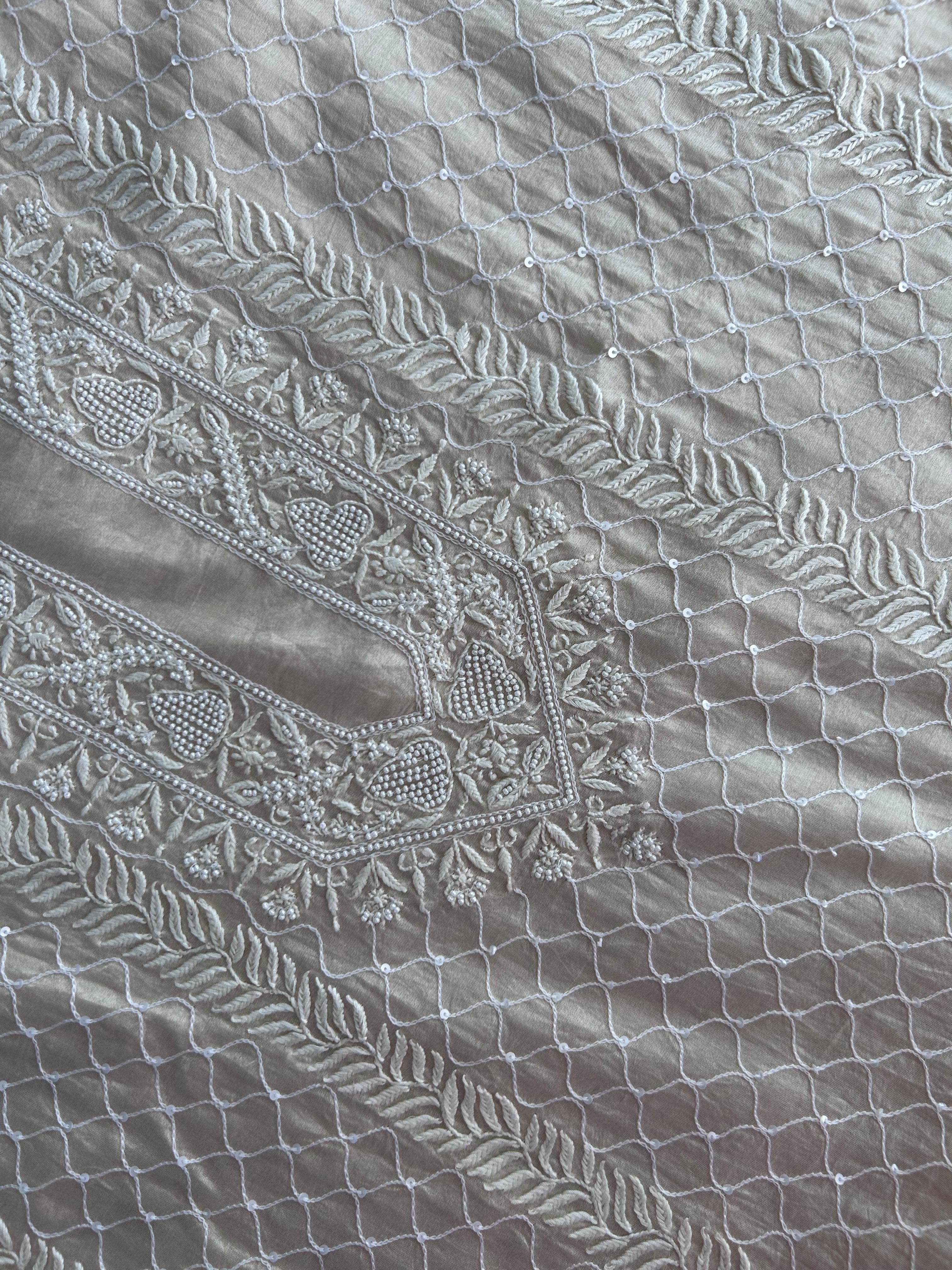 Beige Mens Chanderi Chikankari Kurta