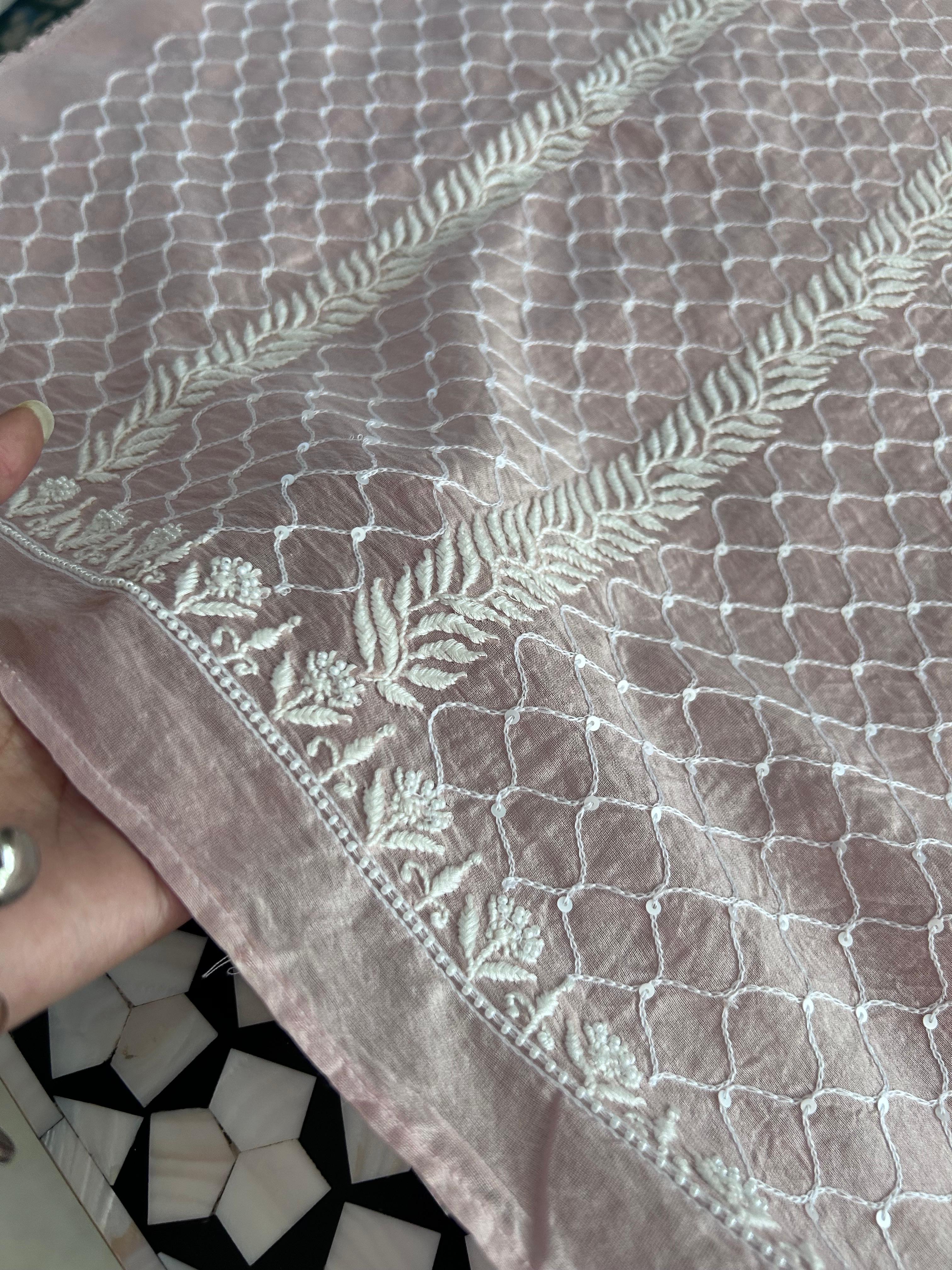 Pink Mens Chanderi Chikankari Kurta