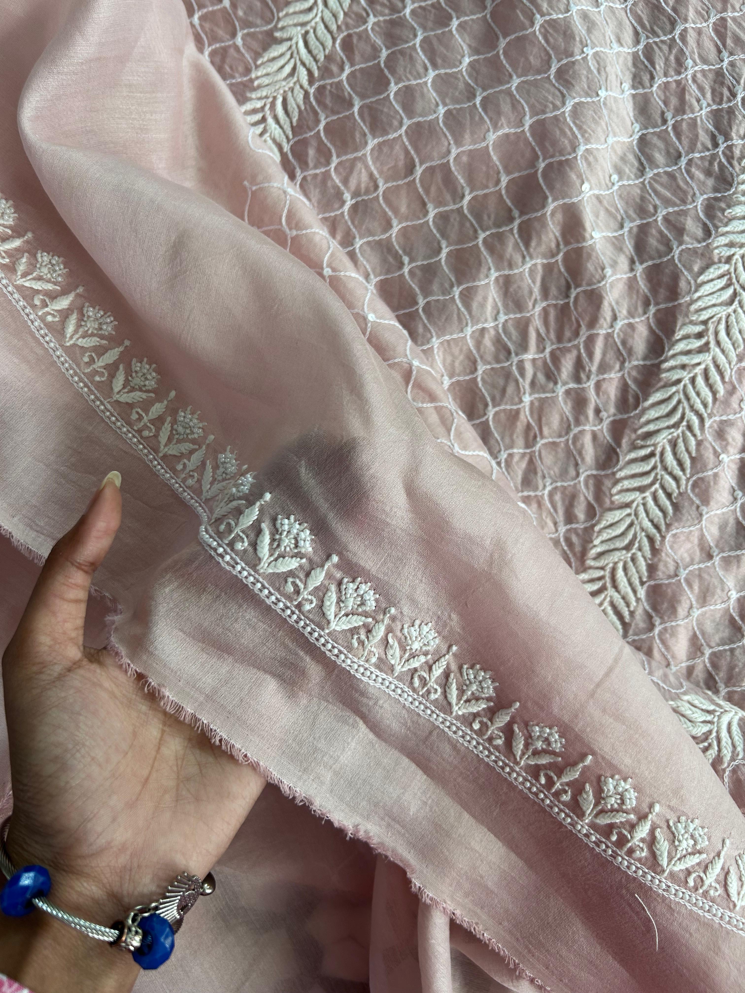 Pink Mens Chanderi Chikankari Kurta
