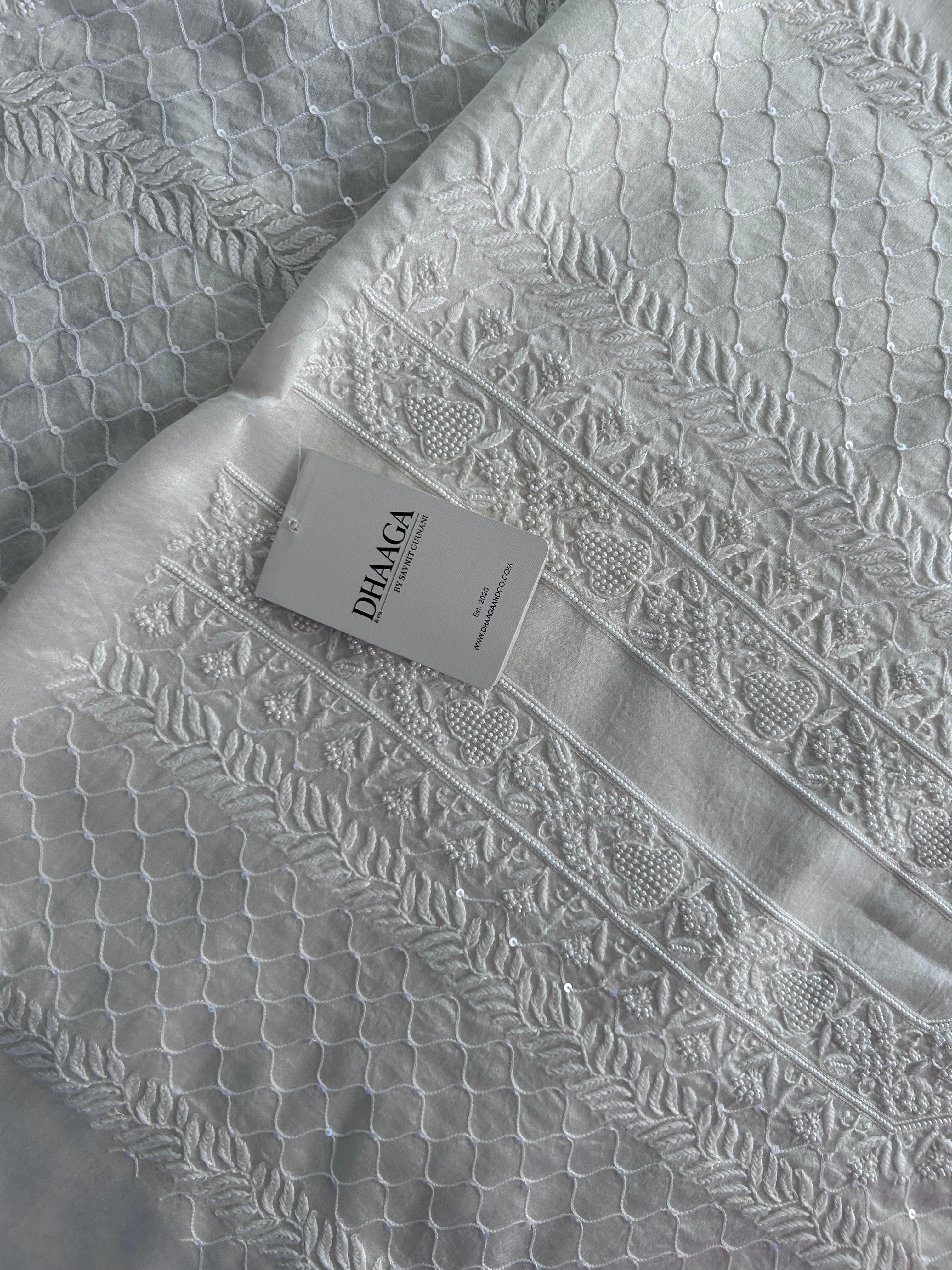 White Mens Chanderi Chikankari Kurta