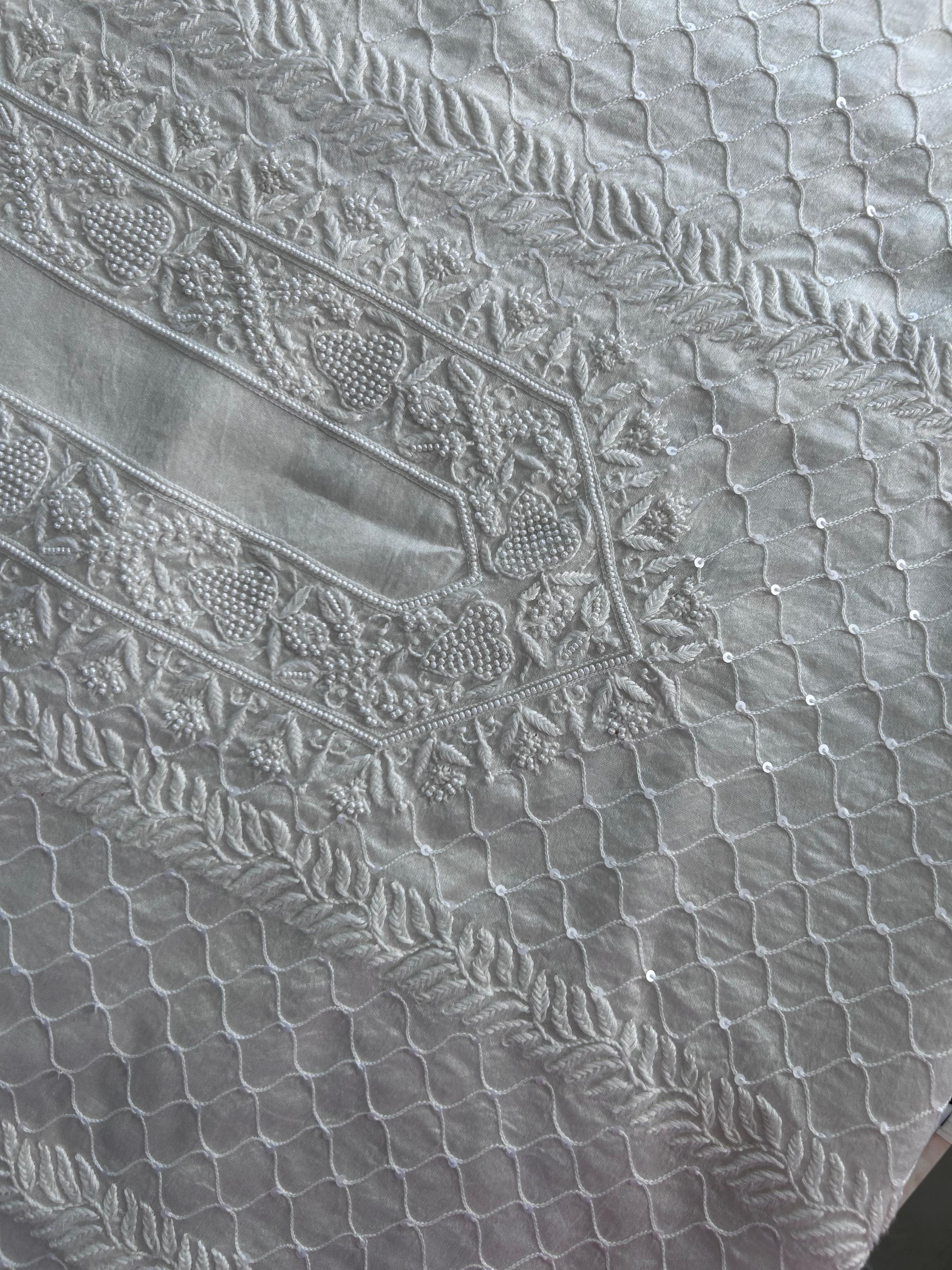 White Mens Chanderi Chikankari Kurta