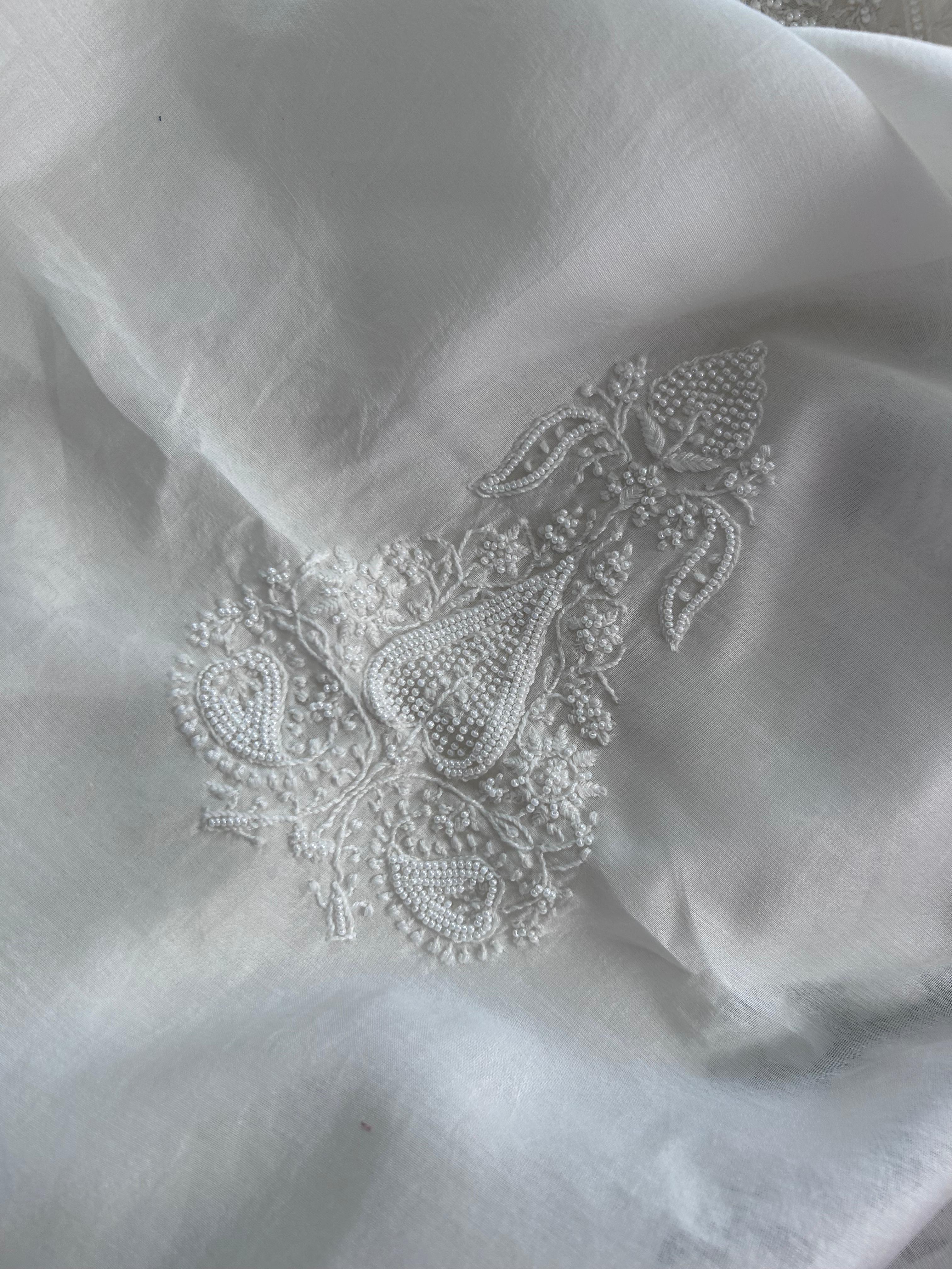 White Mens Chanderi Chikankari Kurta