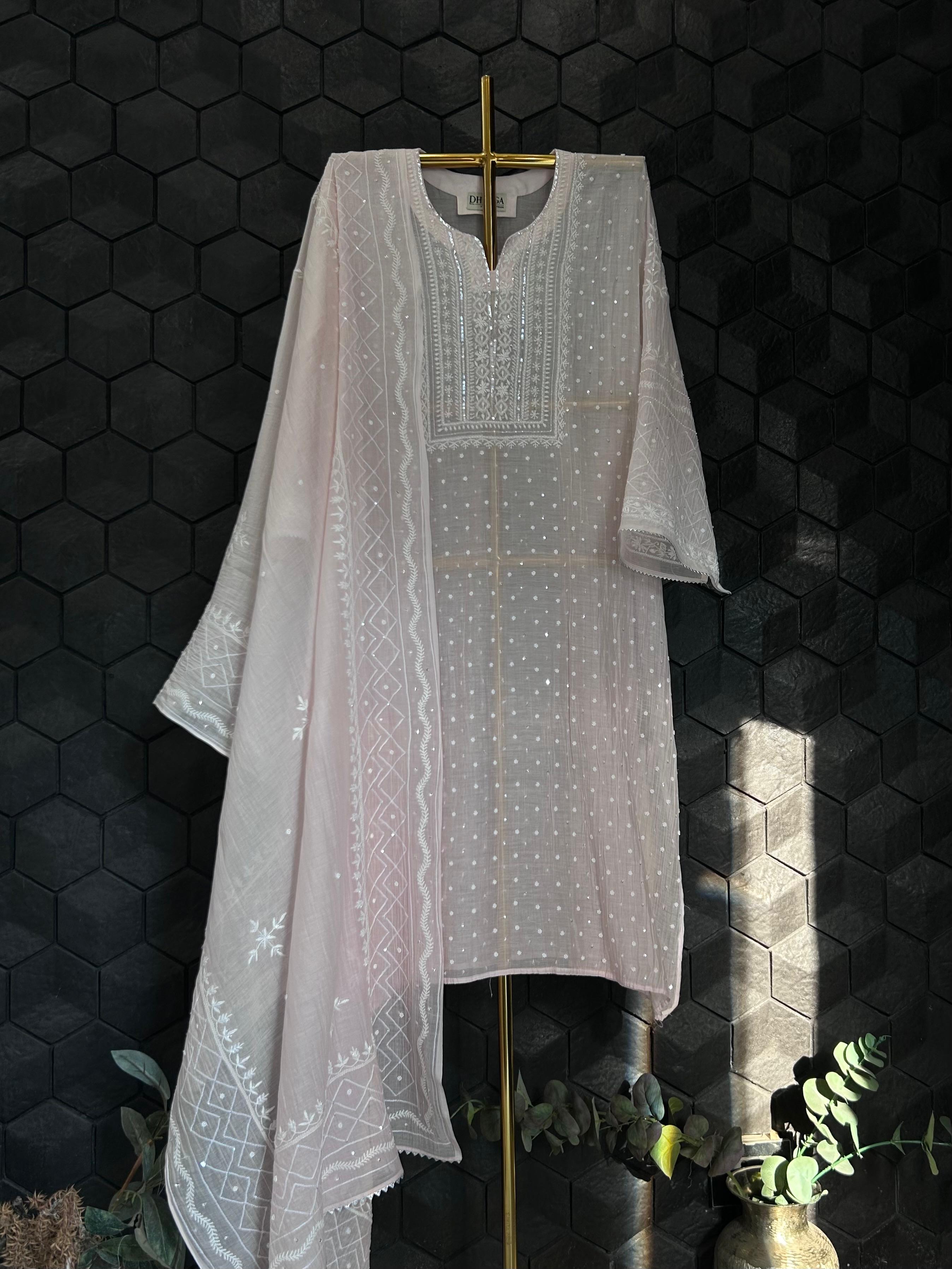 Pink Mul chanderi chikankari kurta set