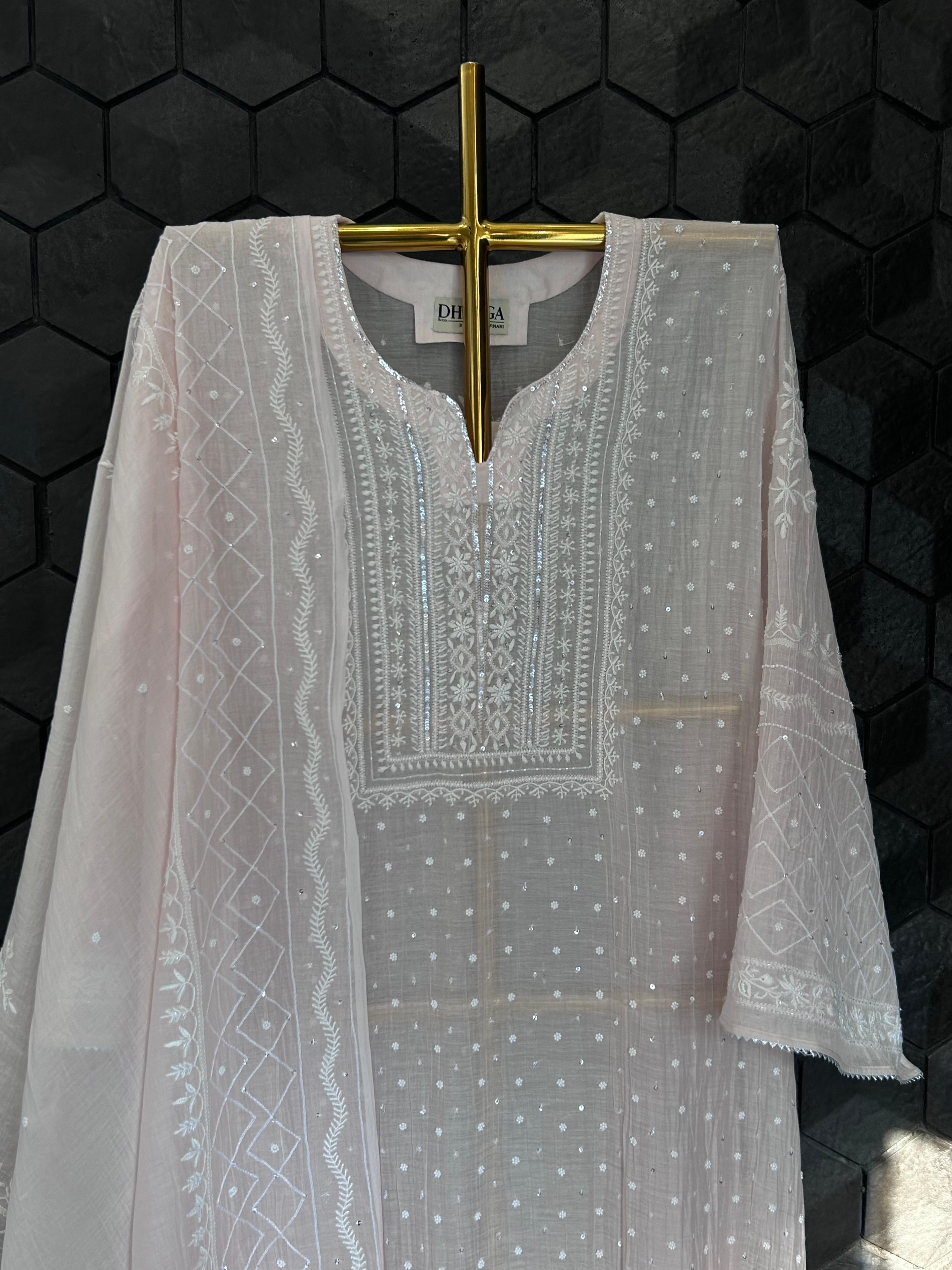 Pink Mul chanderi chikankari kurta set
