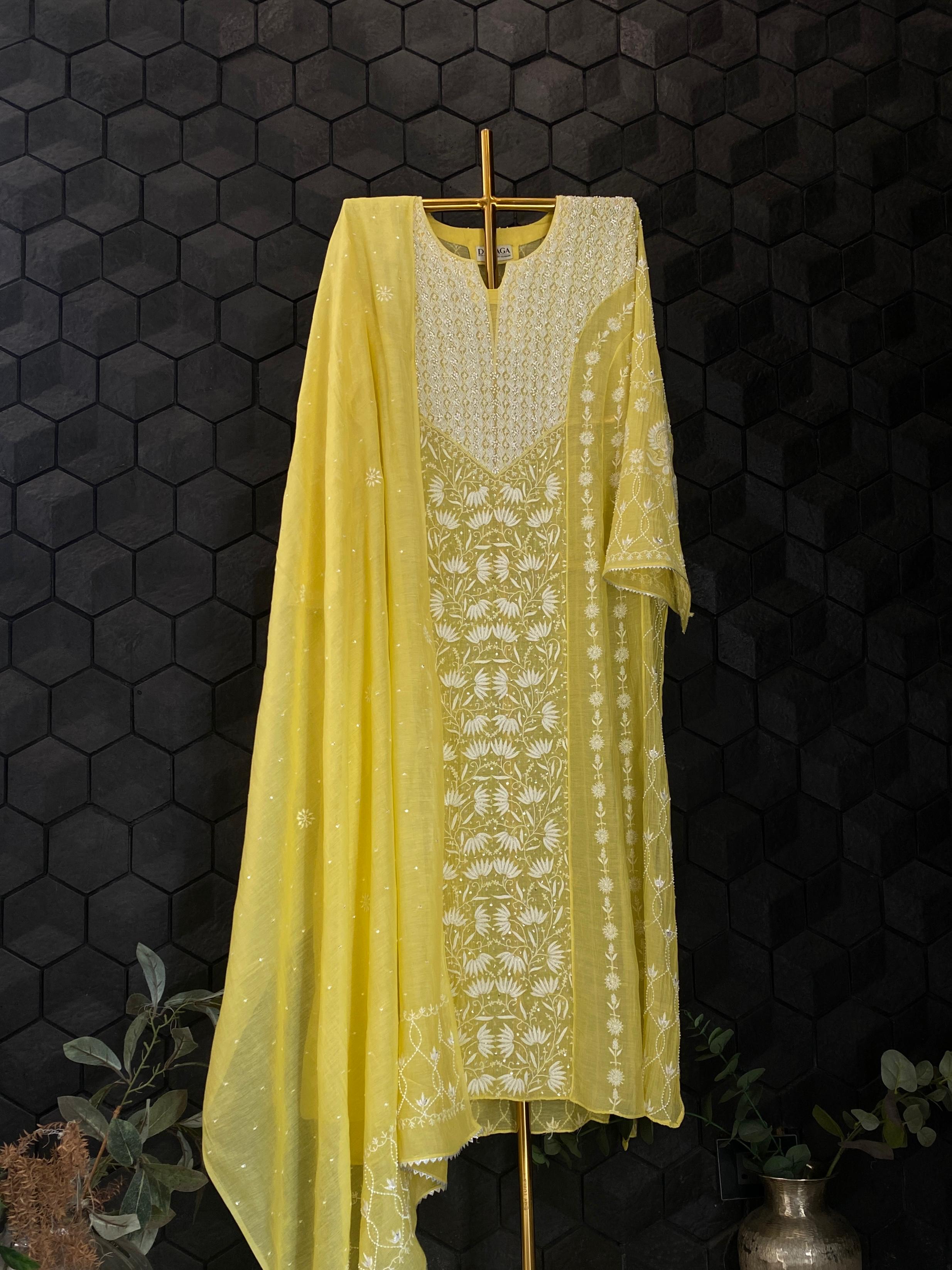 Lime Yellow Mul chanderi Anarkali set