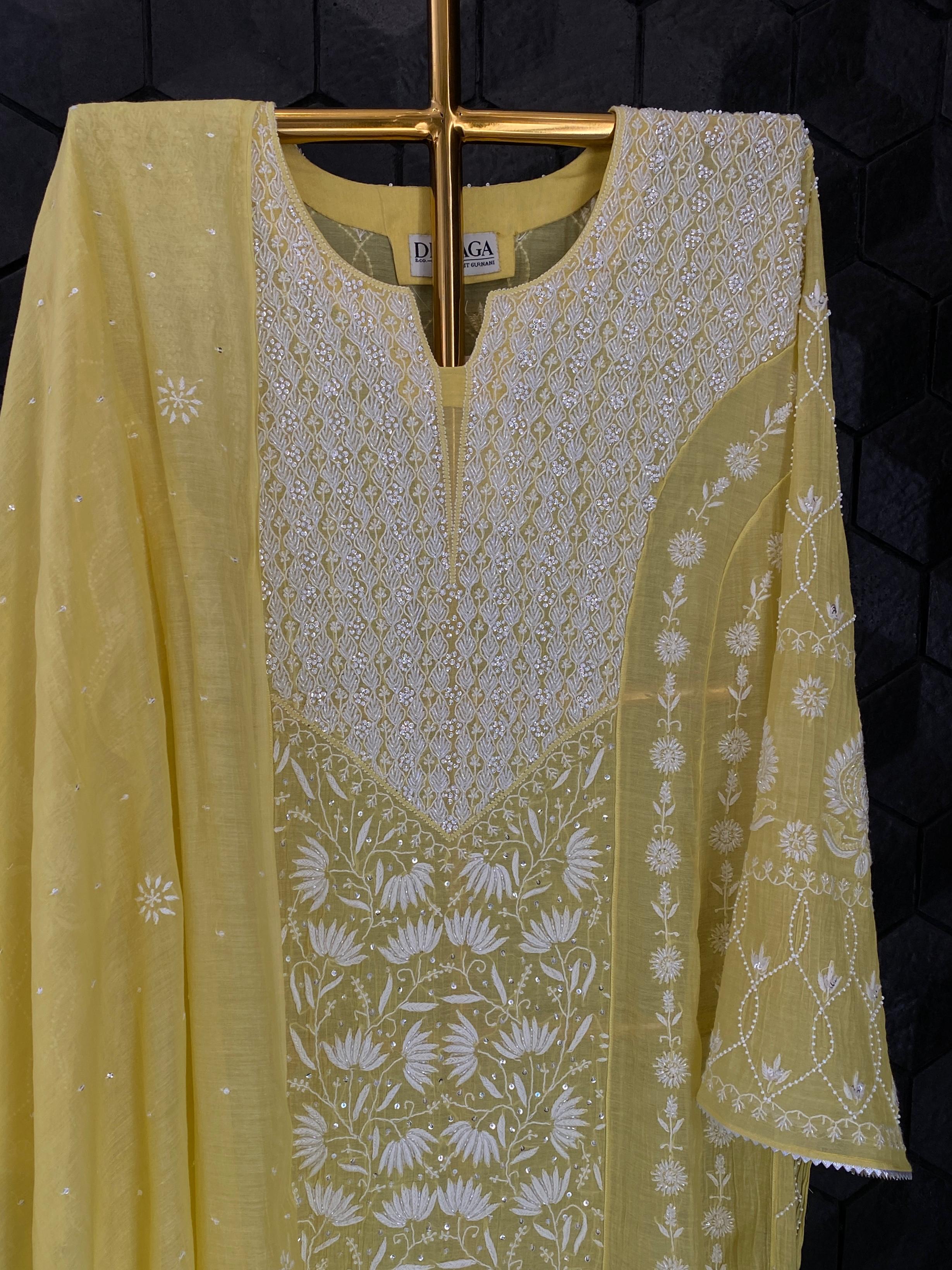 Lime Yellow Mul chanderi Anarkali set
