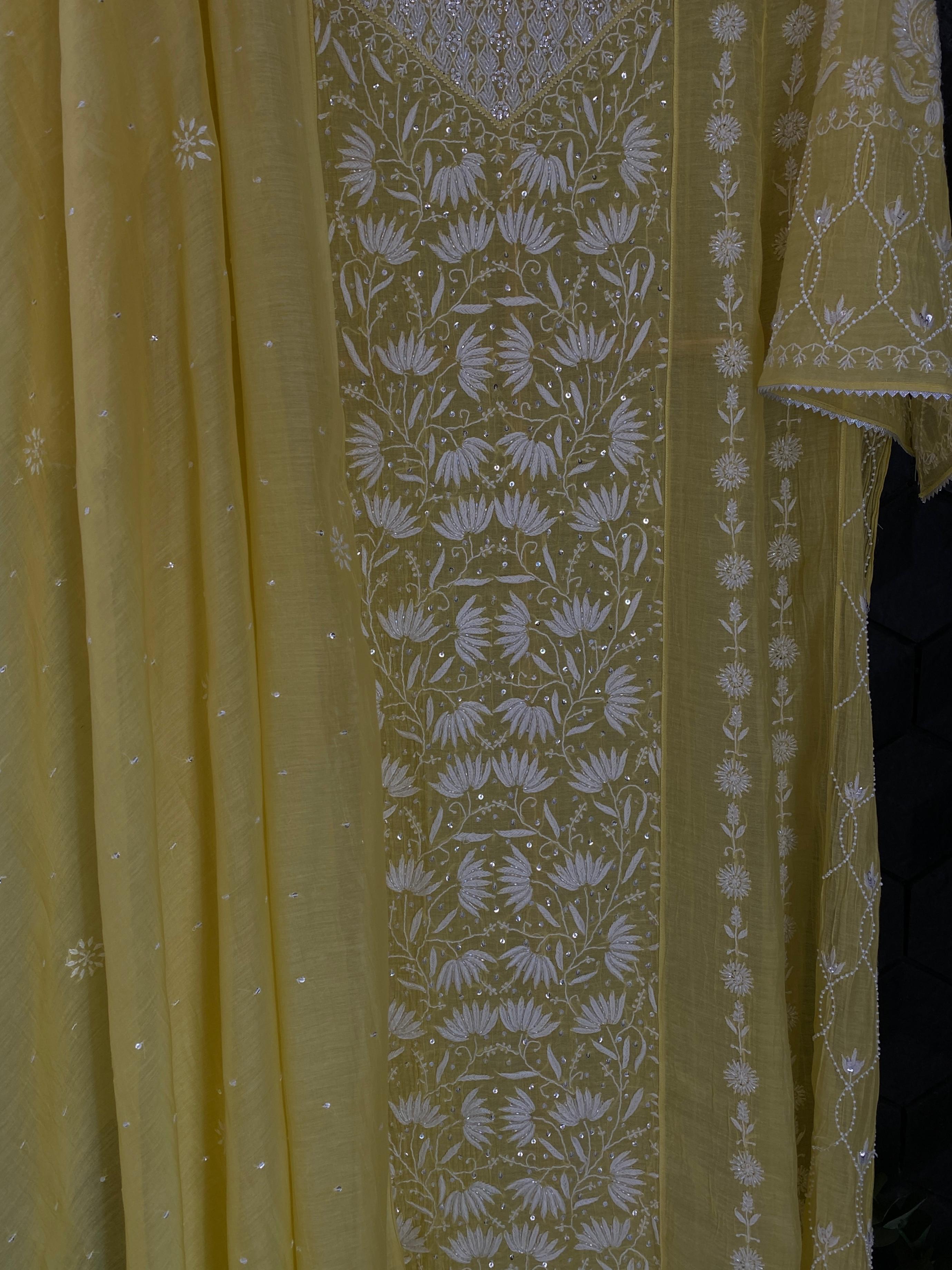 Lime Yellow Mul chanderi Anarkali set