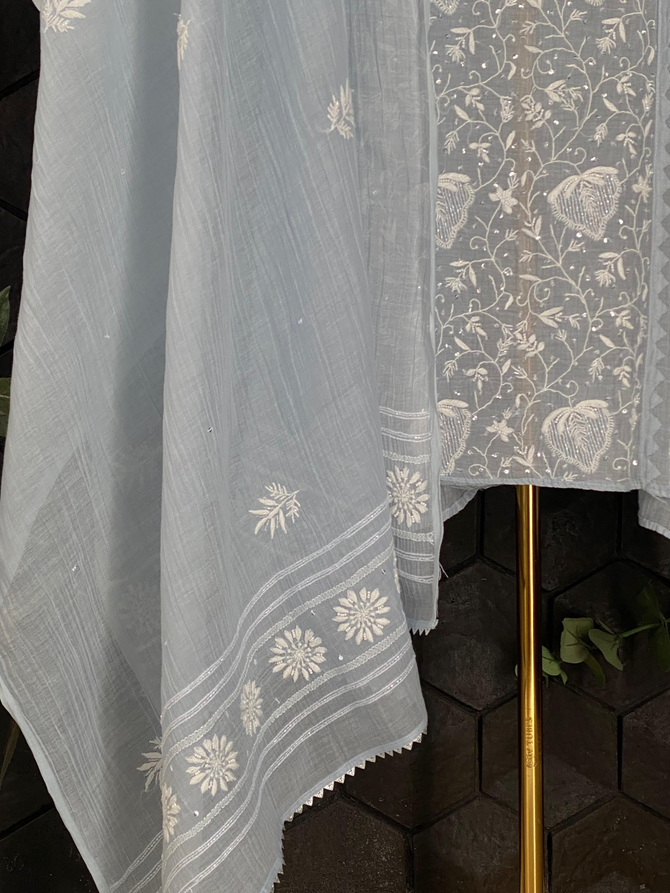 Sky blue mul chanderi chikankari kurta set