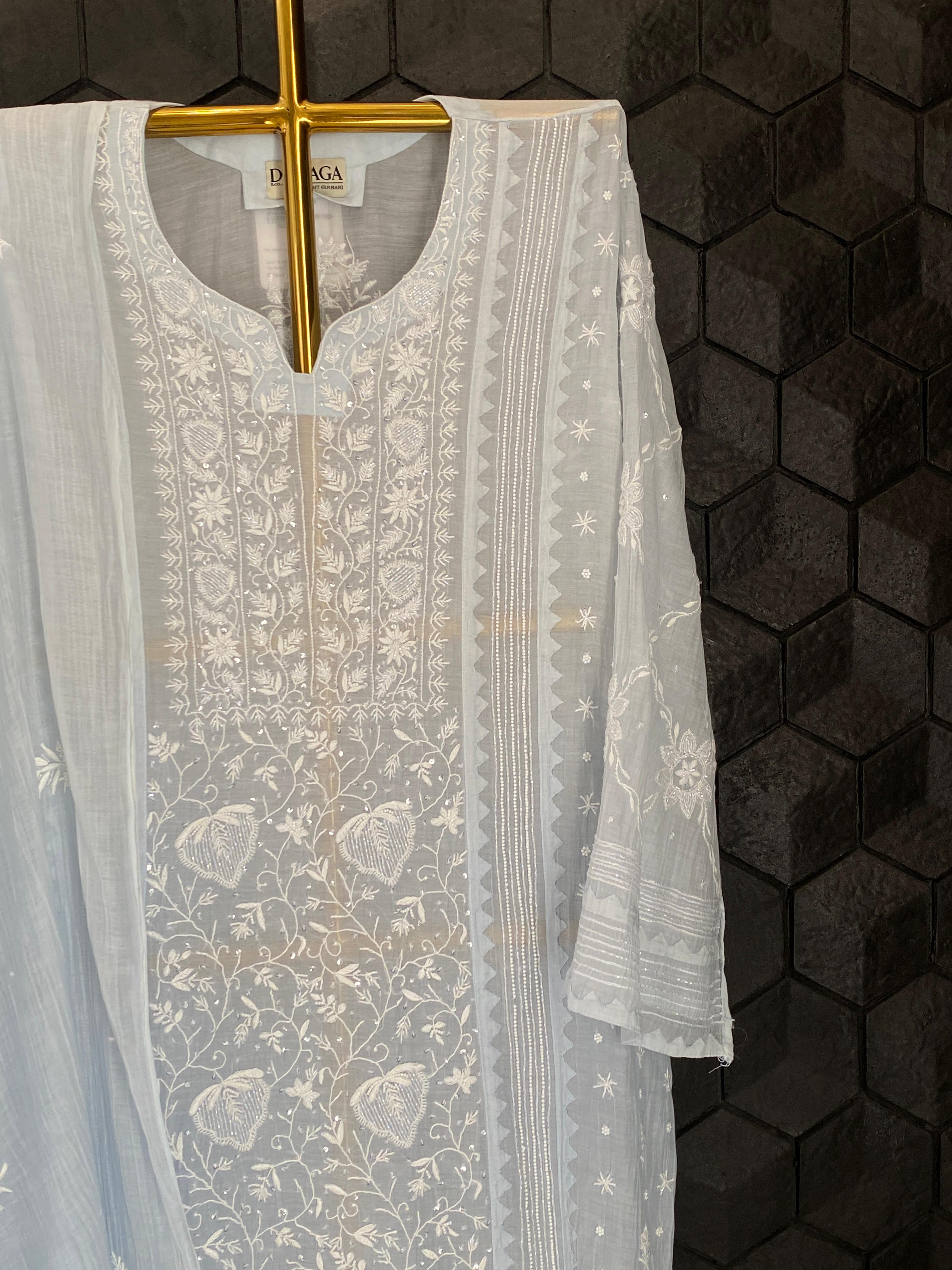 Sky blue mul chanderi chikankari kurta set