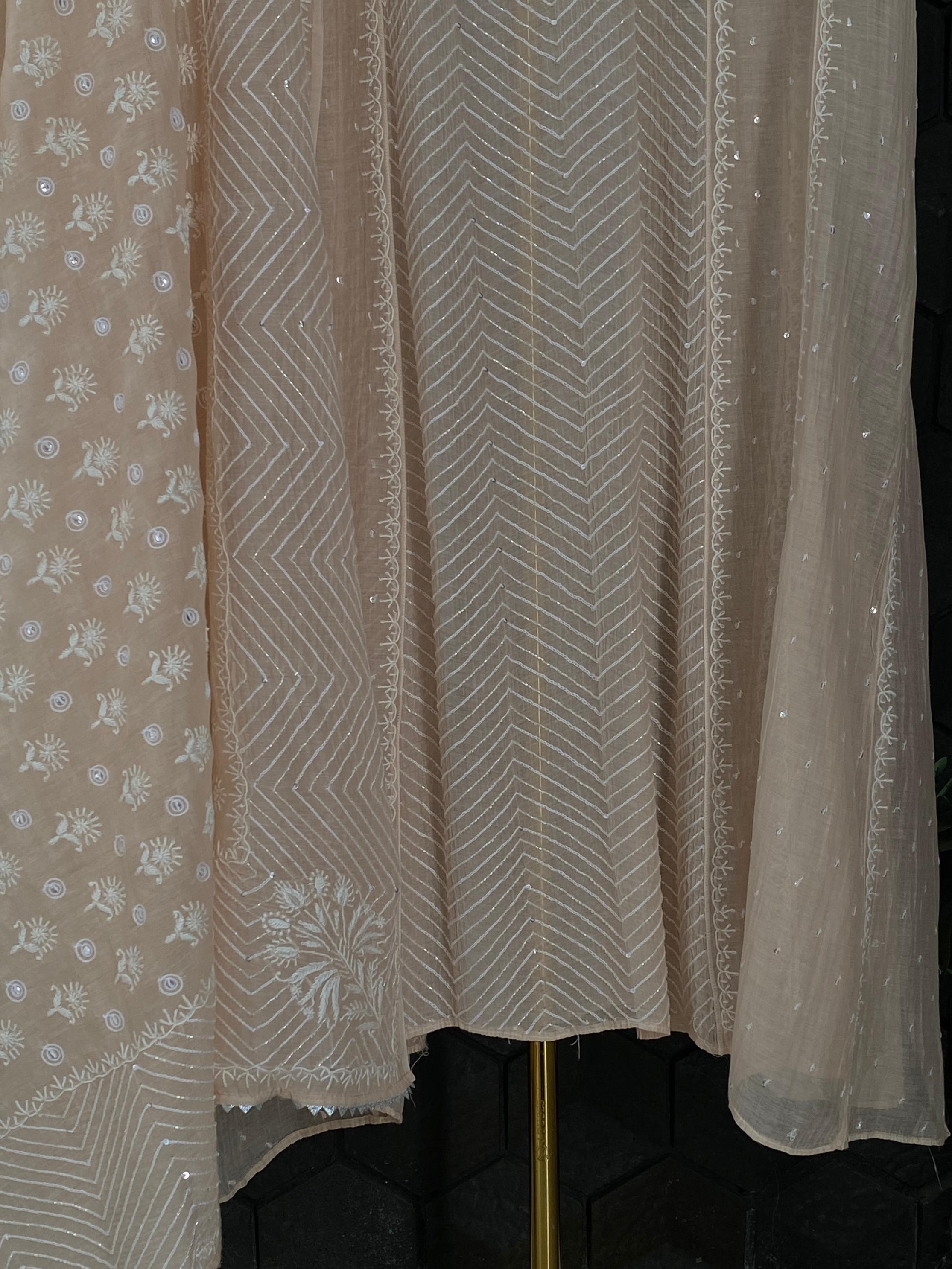 Peach mul chanderi chikankari anarkali set