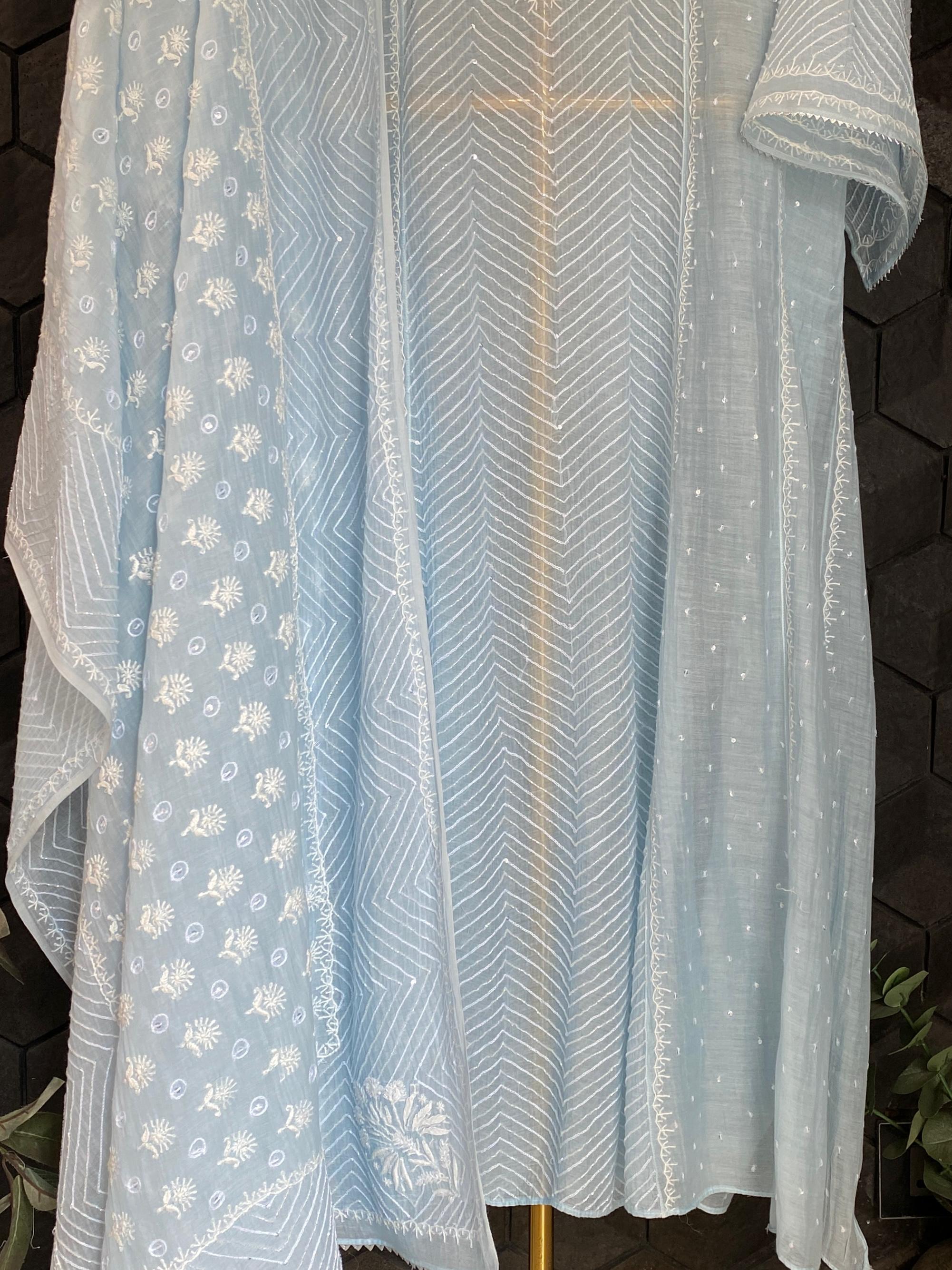 Sky blue mul chanderi chikankari Anarkali set